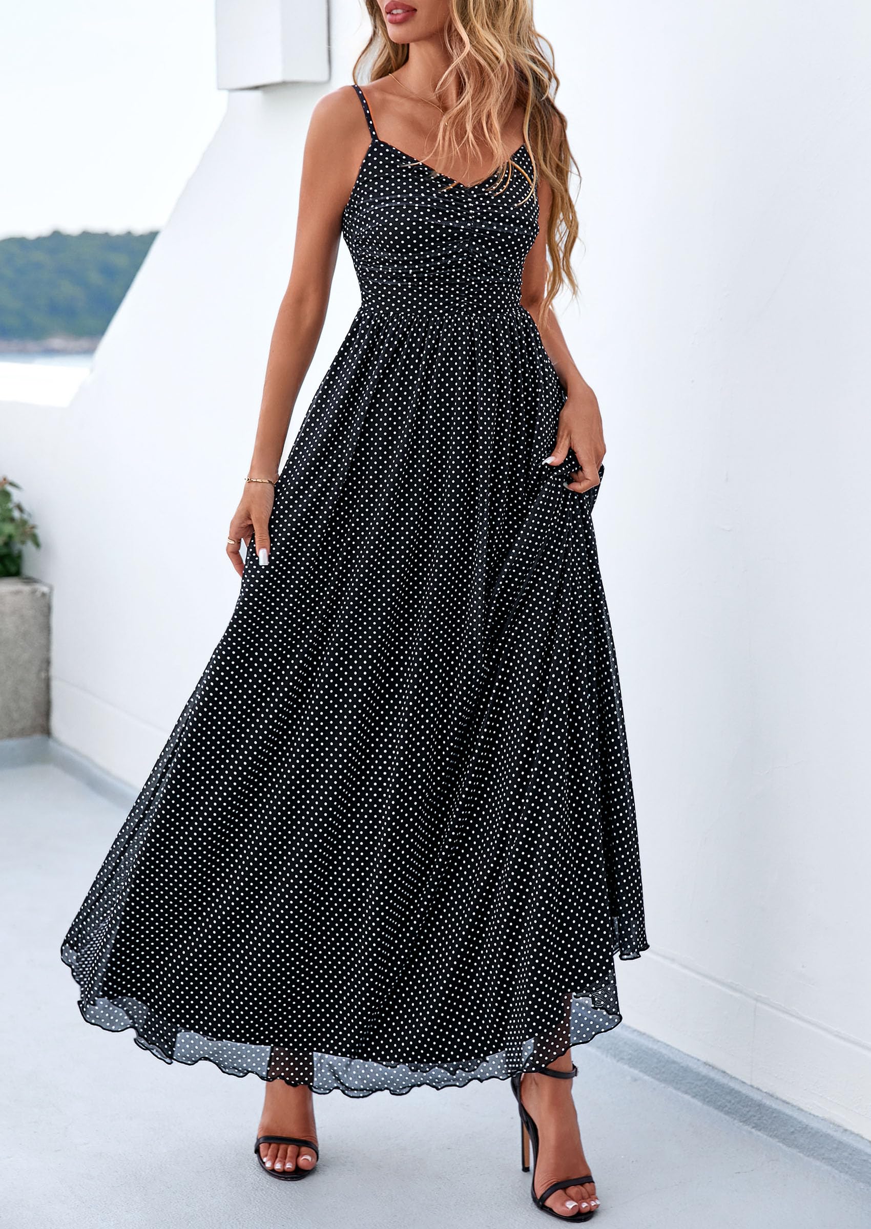 PRETTYGARDEN Women Summer Floral Maxi Dress Spirng Spaghetti Strap Mesh Boho Sundress Party Beach Vacation Long Dresses