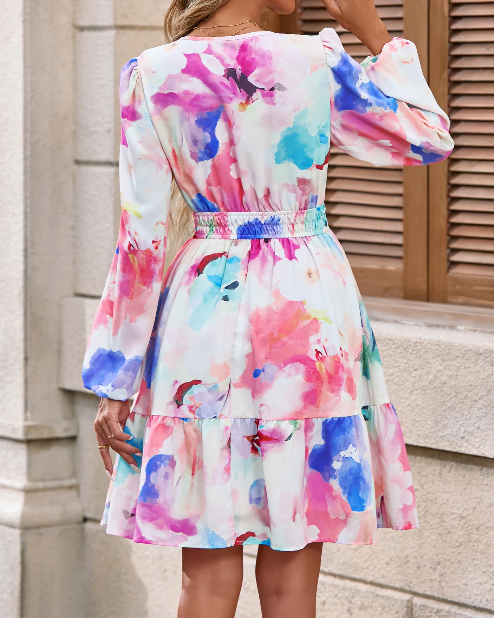 BTFBM Spring Dresses for Women Mini Long Sleeve Elastic Waist Summer Vacation Outfits Floral Wedding Guest Dress