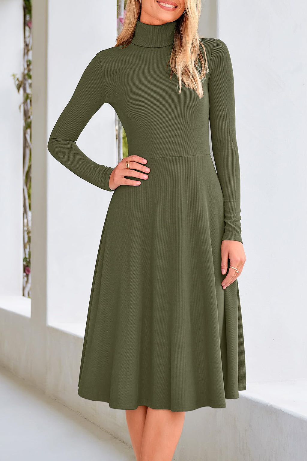 FreshPretty Womens Long Sleeve Turtleneck Dress Midi A Line Fall Dresses,High Neck Dress,Fit and Flare Work Dresses,Lightweight Knit,Flowy Winter Dresses Wedding Guest,Cocktail,Church,Casual