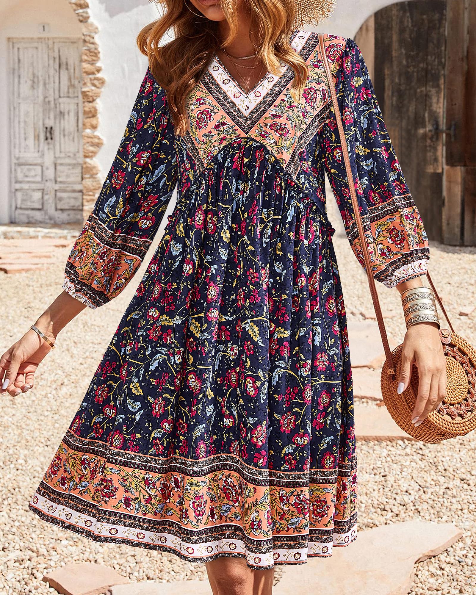 BTFBM Women Casual Spring Summer Dresses V Neck 3/4 Long Sleeve Ruffle Floral Flowy Boho Babydoll Mini Short Beach Dress