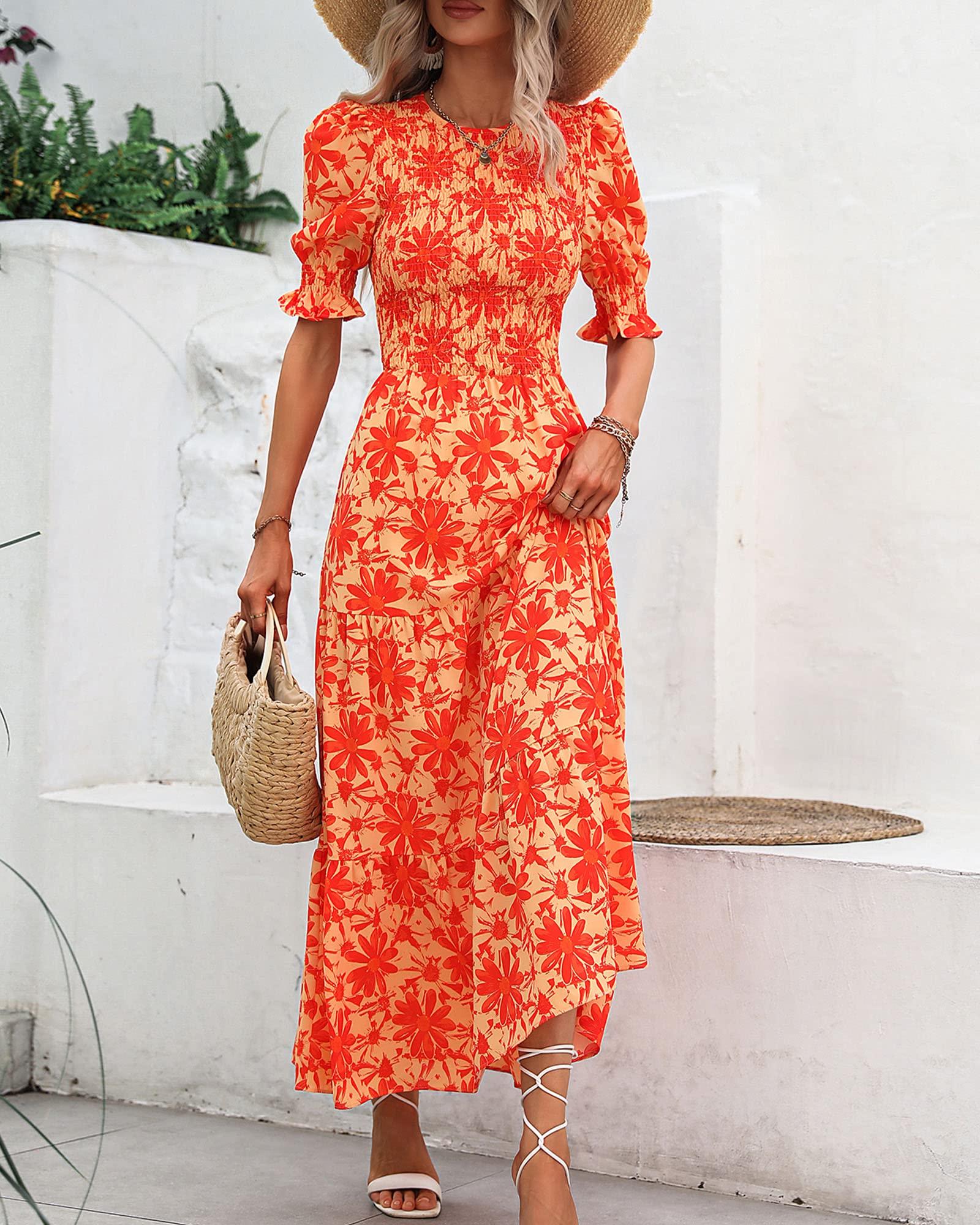 FreshPretty Women Casual Summer Dresses Spring Crew Neck Ruffle Short Sleeve Floral Print Smocked Boho Flowy Maxi Dress