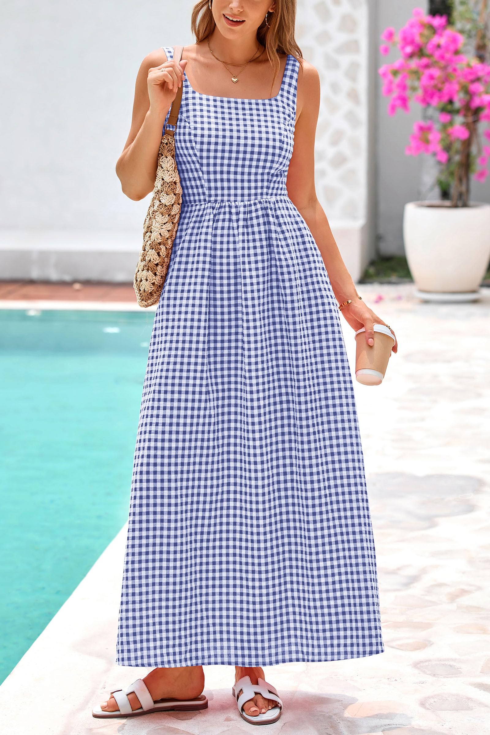 PRETTYGARDEN Women's Summer Spaghetti Strap Maxi Dresses Plaid Square Neck A Line Casual Beach Vacation Long Sundress