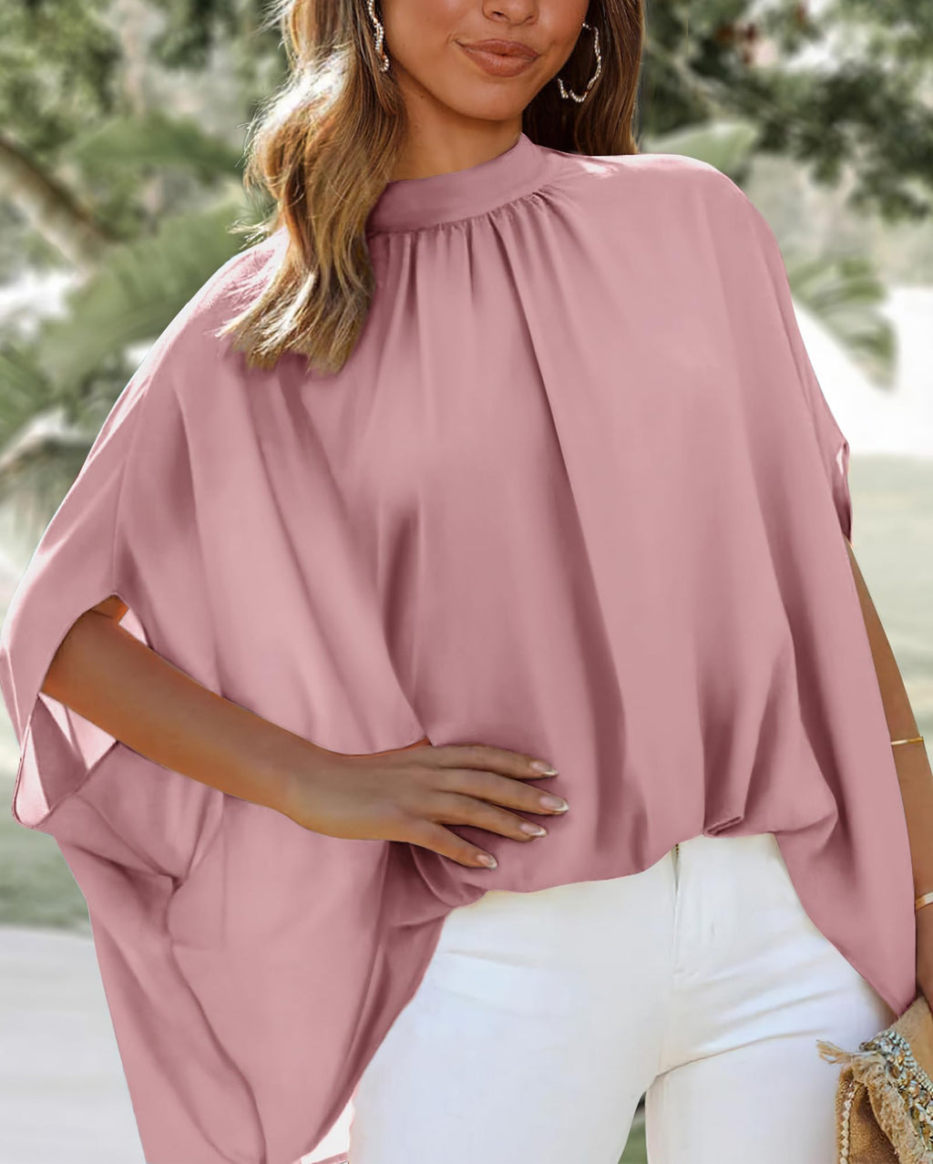 FreshPretty Womens Summer Tops Fall Mock Neck Batwing Sleeve Shirts Loose High Low Hem Oversized Dressy Casual Blouses
