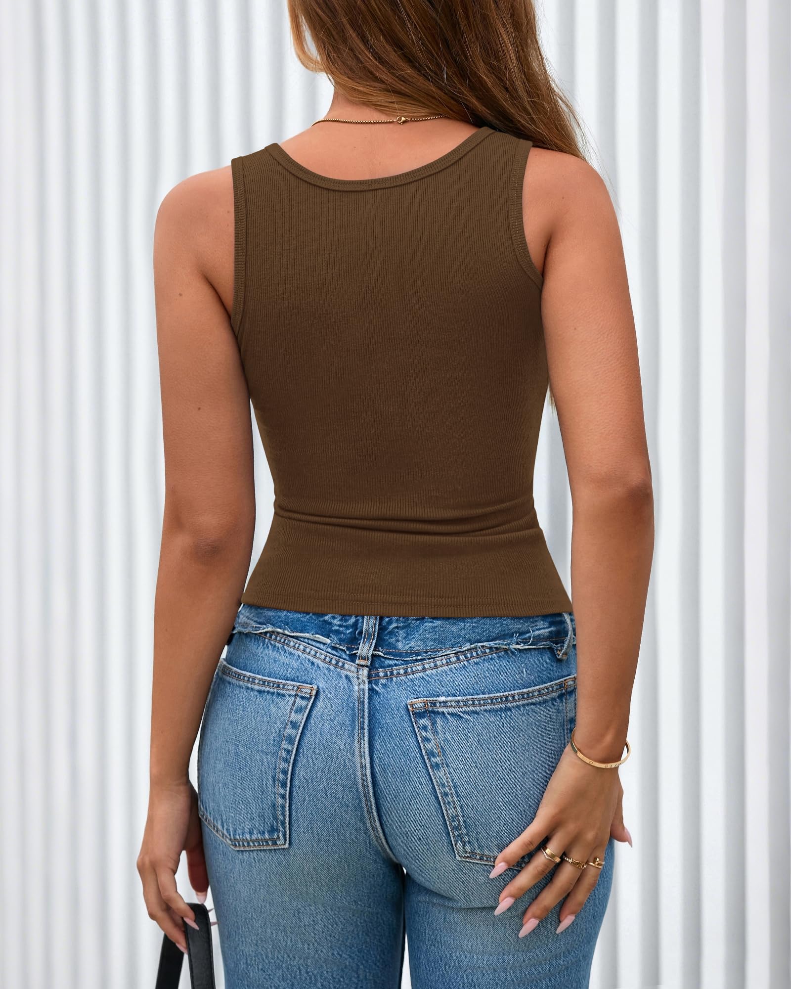 FreshPretty Spring Tops for Women Summer Scoop Neck Ribbed Henley Button Sleeveless Casual Basic Tank Top Clothes Outfits