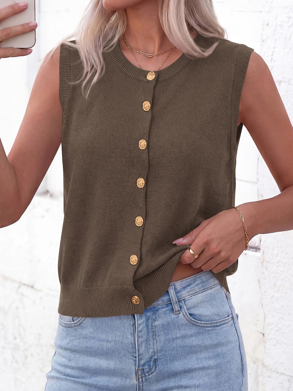 BTFBM Sweater Vest Women Casual Crewneck Loose Button Down Knit Sleeveless Cardigan Spring Clothes Summer Vest Tops