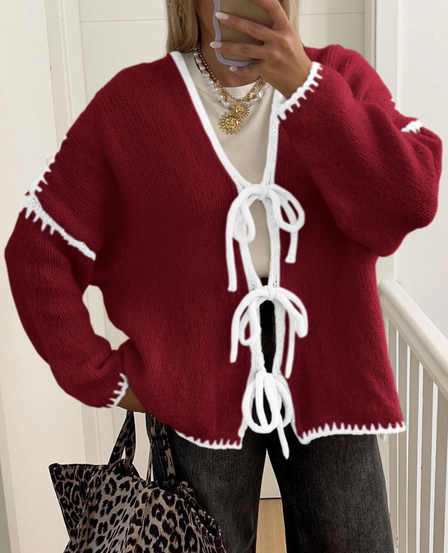 PRETTYGARDEN Women's Tie Front Bow Cardigan Sweaters Chunky Knit Long Puff Sleeve Trendy Fall Winter Jacket Coat