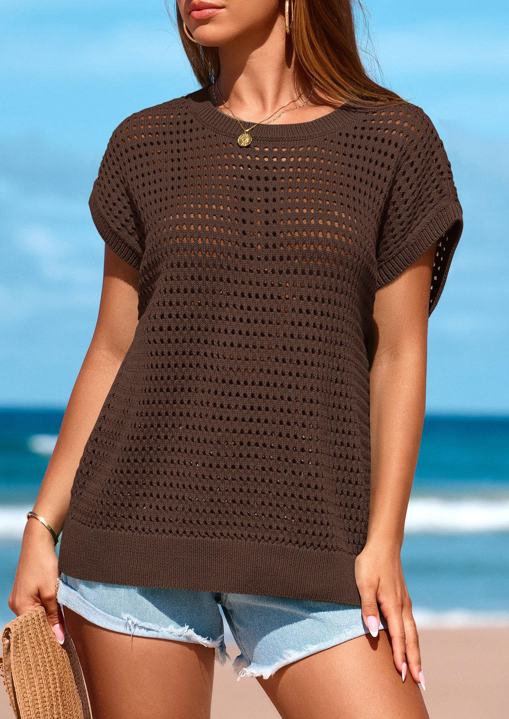 PRETTYGARDEN Womens Spring Tops Summer Shirts Crochet Cap Sleeve Sweater Pullover Cute Beach Vacation Clothes