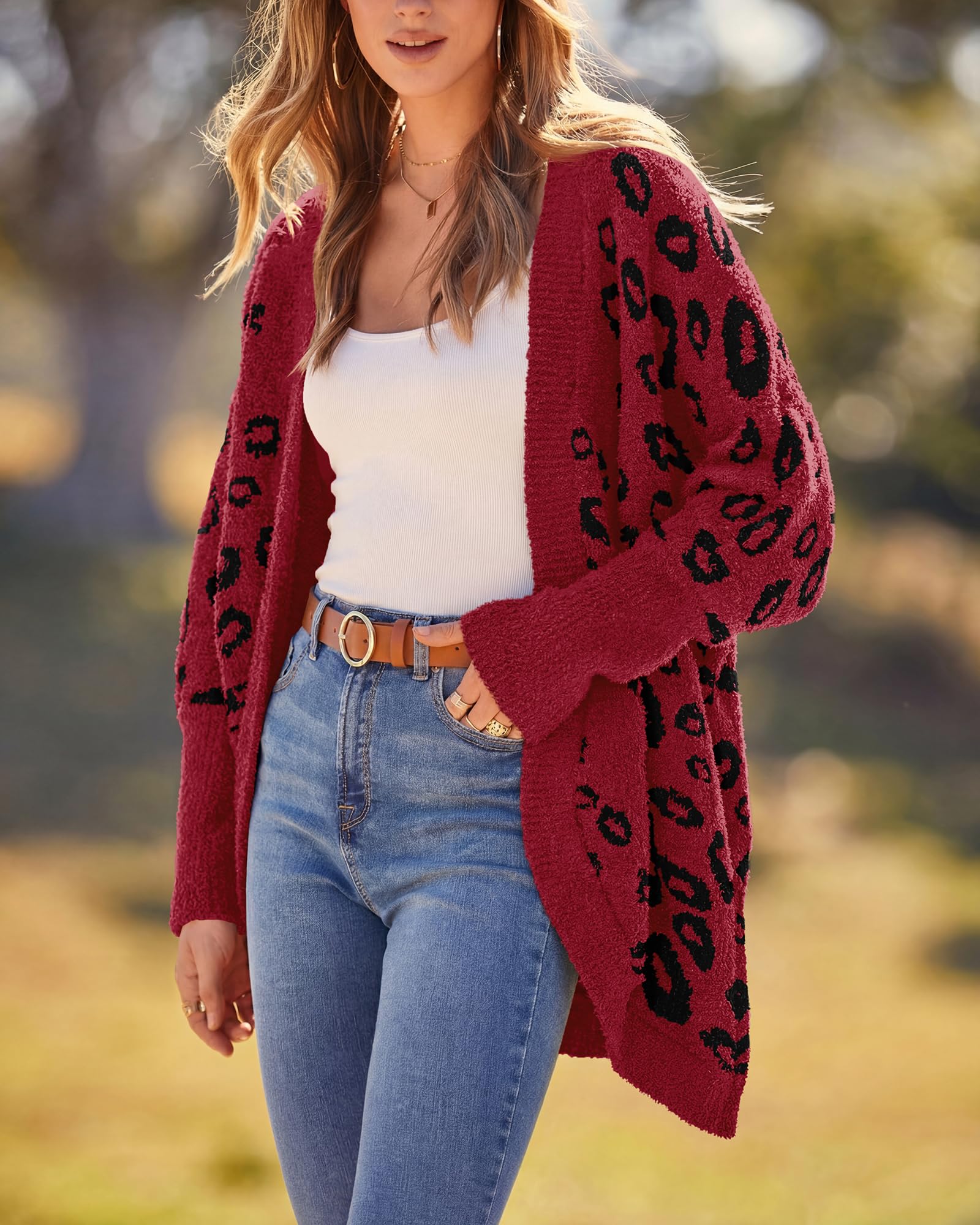 BTFBM Leopard Cardigan for Women Long Sleeve Open Front Cardigans Sweaters Pockets Loose Knit Fall Spring Outwear
