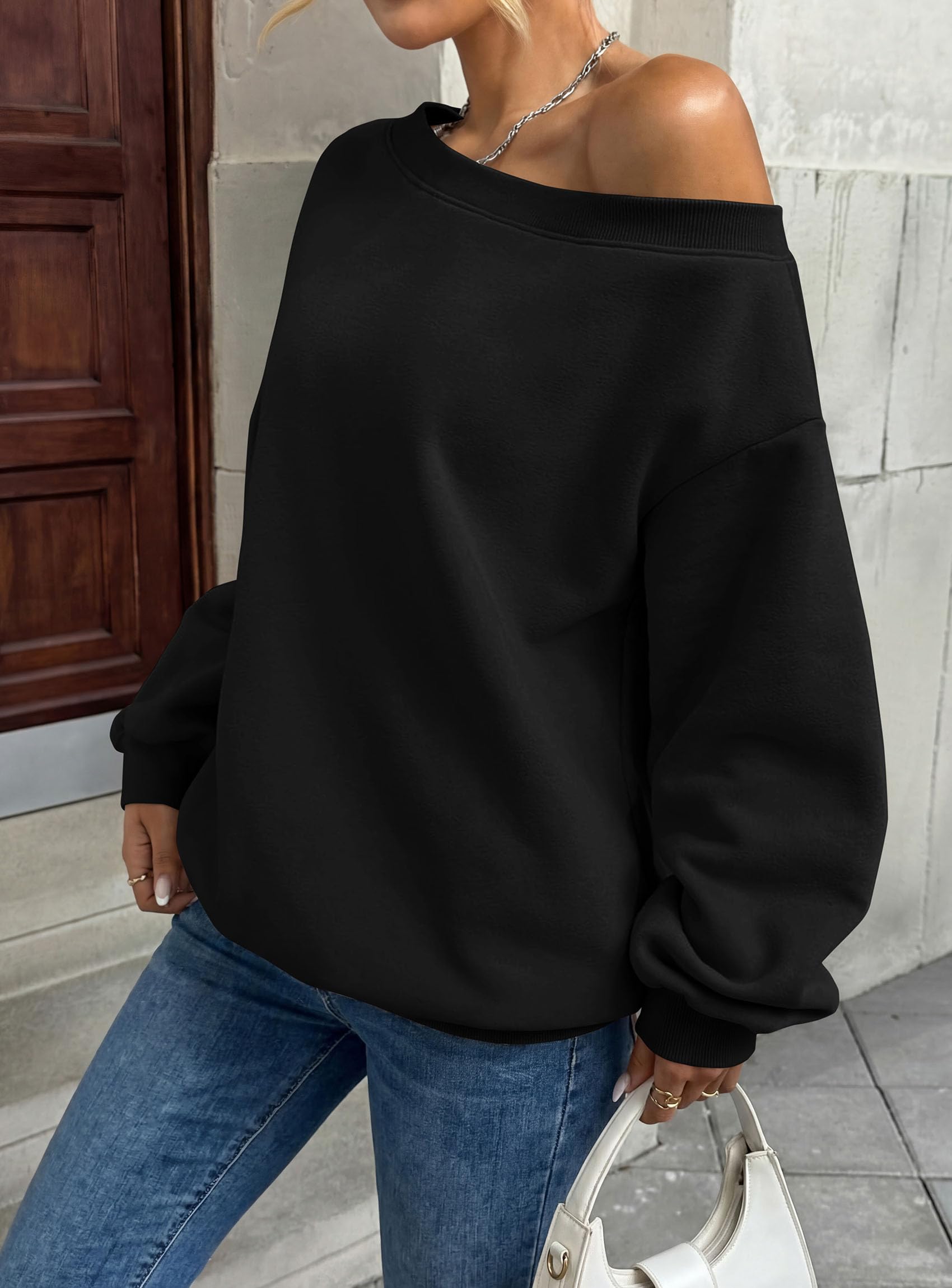 PRETTYGARDEN Womens Off The Shoulder Sweatshirt Loose Fit Slouchy Long Sleeve Tops,Fleece Cropped Sweatshirts,Oversized Pullover,Casual Daily Street Y2K Outfits,Fall Winter Clothes