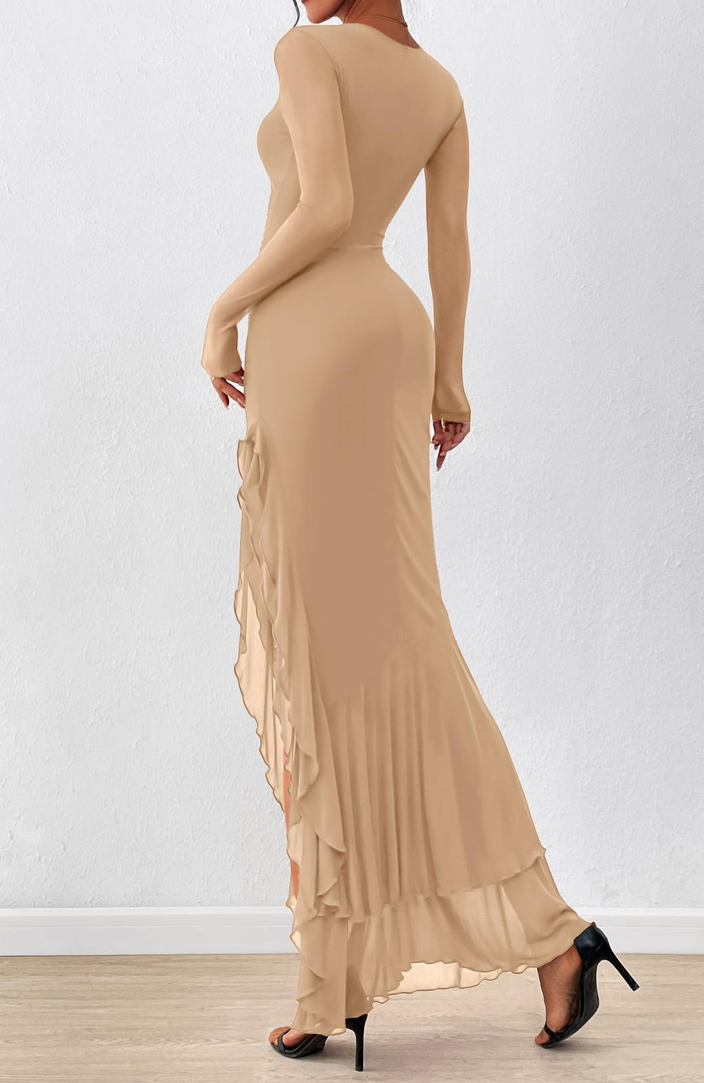 BTFBM Women's Maxi Dresses Fall Long Sleeve Wedding Guest Dress Mesh,Ruched,Bodycon,High Split,Solid Color,Ruffle, Mermaid,Cocktail Dresses,Prom,Party,Homecoming Dress,Fall Outfits