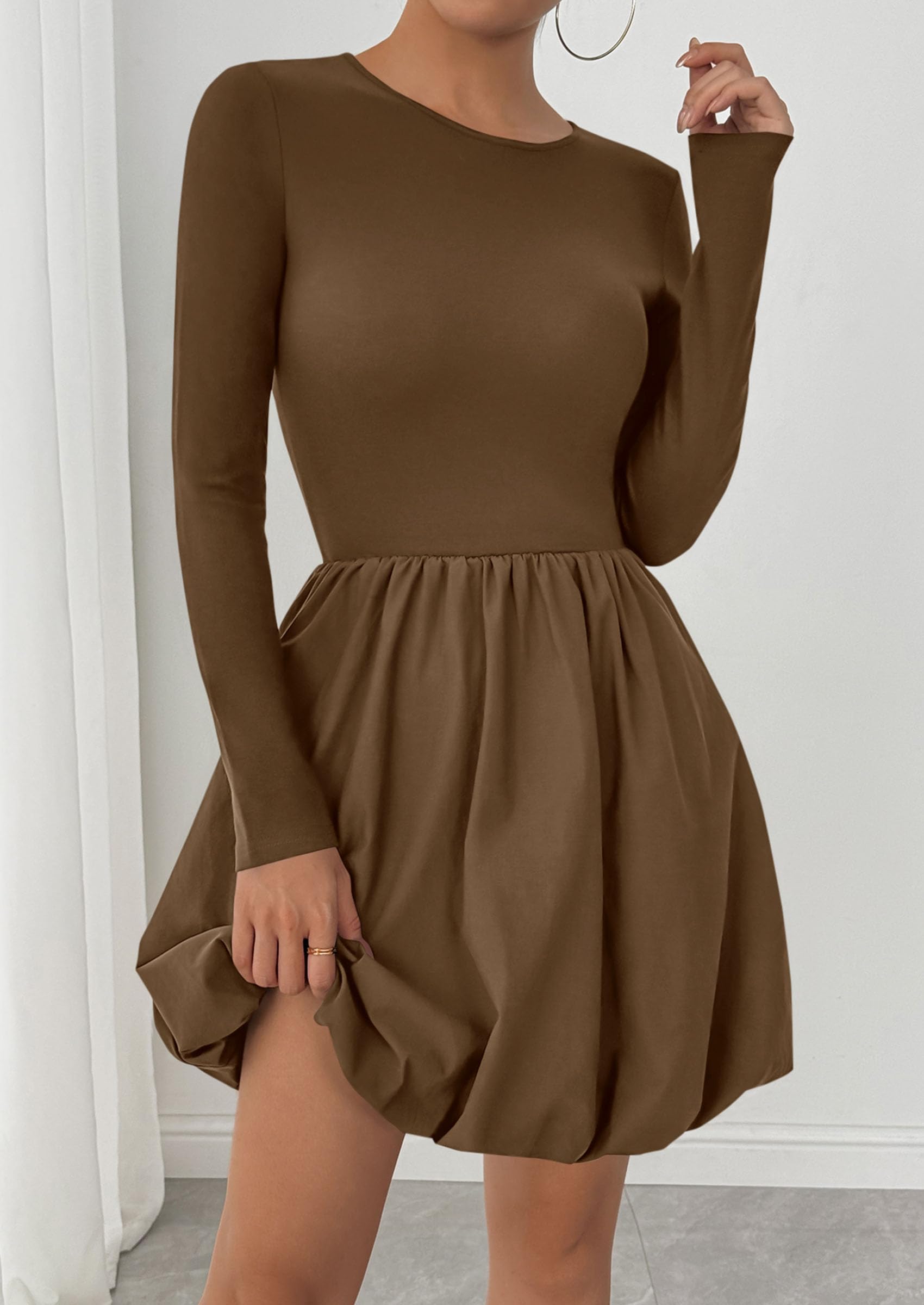 PRETTYGARDEN Fall Dresses for Women Casual Long Sleeve Bubble Cute Crew Neck A Line Mini Short Dress with Pockets
