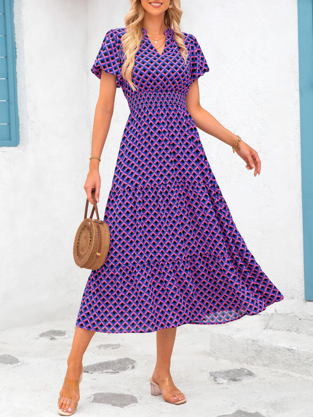 PRETTYGARDEN Summer Maxi Dresses for Women  Casual V Neck Puff Short Sleeve Smocked Flowy Beach Boho Long Floral Dress