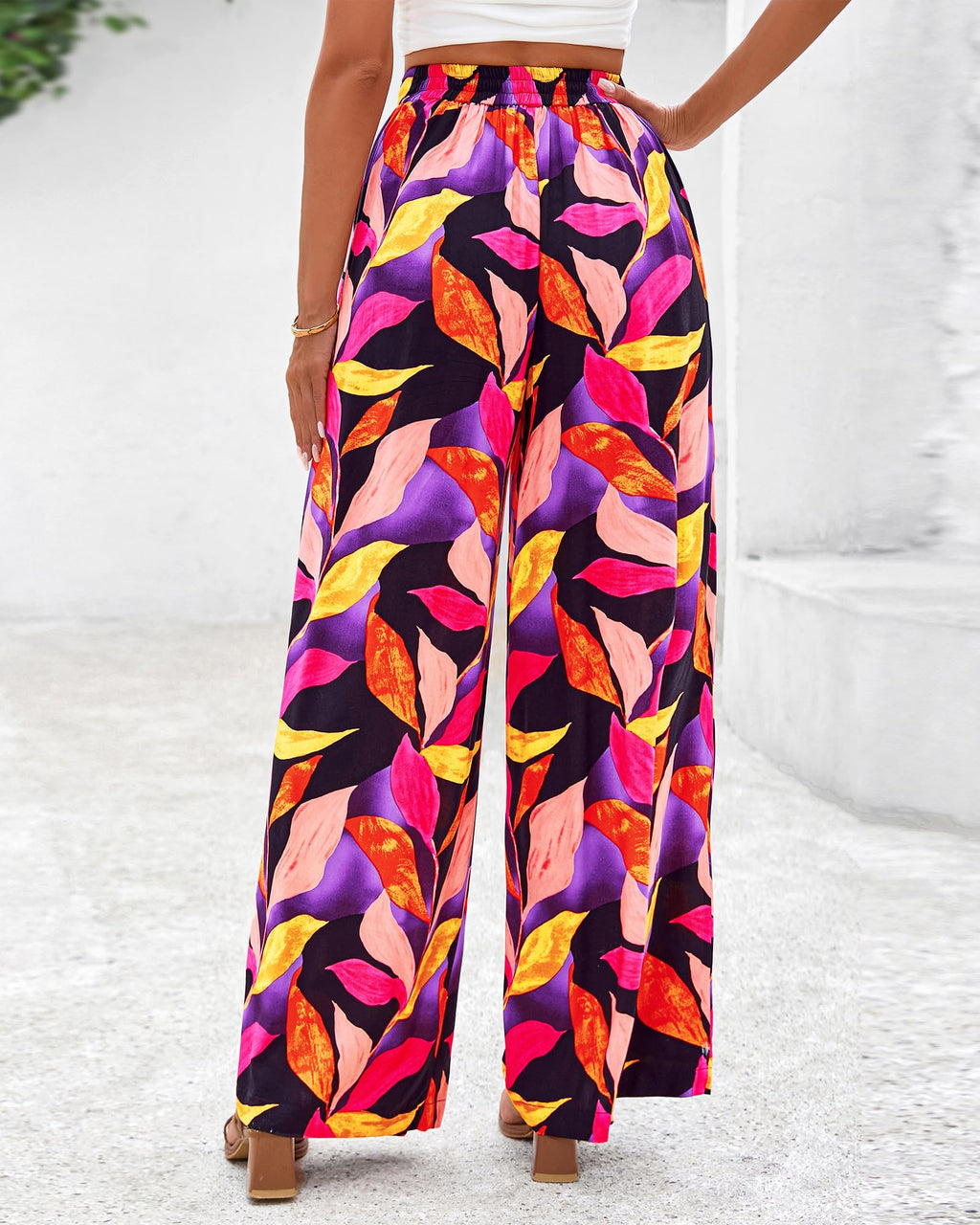 FreshPretty Womens Wide Leg Summer Pants Boho Beach Vacation Loose Elastic Waist Printed Palazzo Pant Pockets