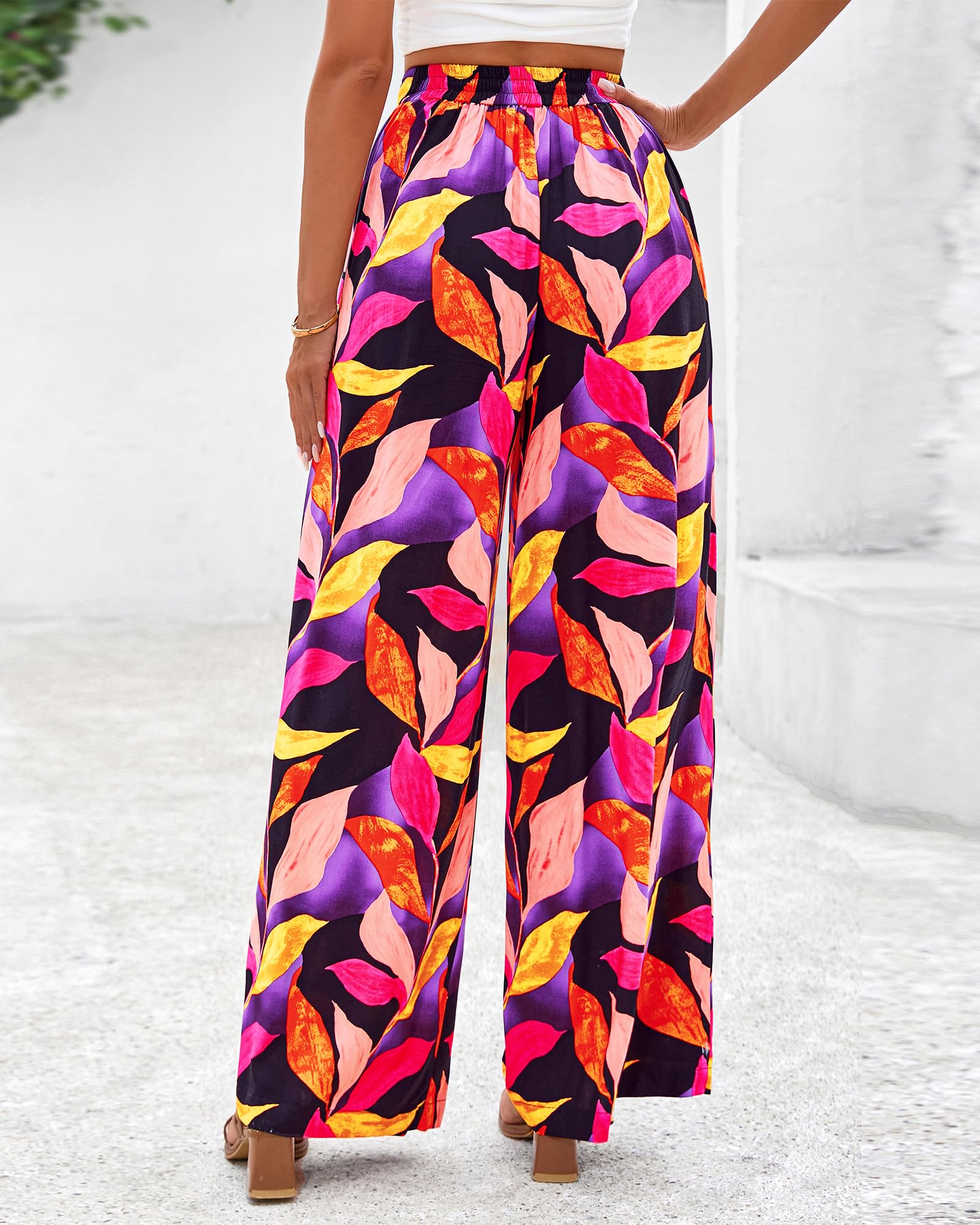 FreshPretty Womens Wide Leg Summer Pants Boho Beach Vacation Loose Elastic Waist Printed Palazzo Pant Pockets