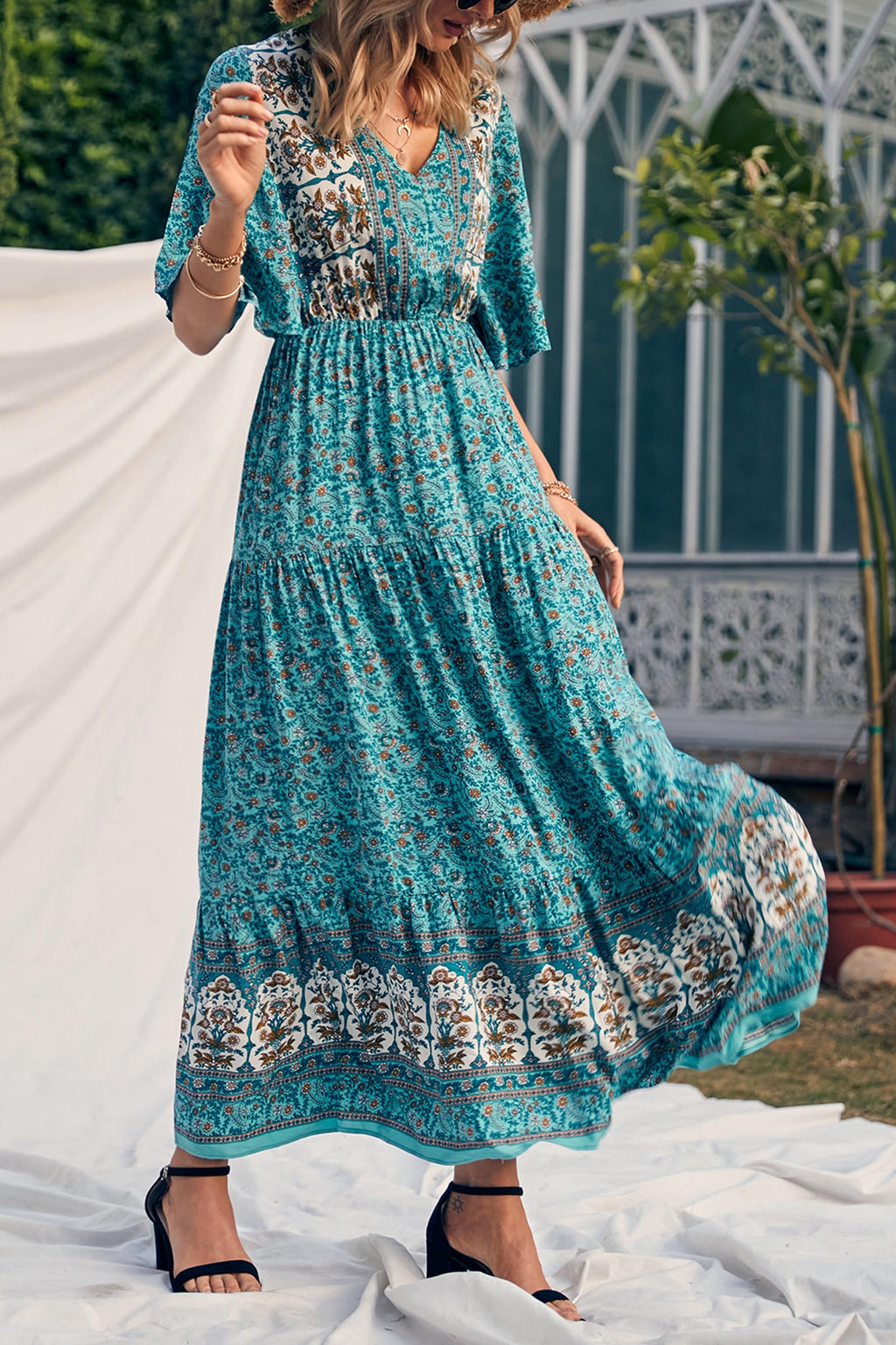 PRETTYGARDEN Women's Casual Summer Boho Floral Print Dress V Neck Short Sleeve High Waist Long Maxi Beach Dresses