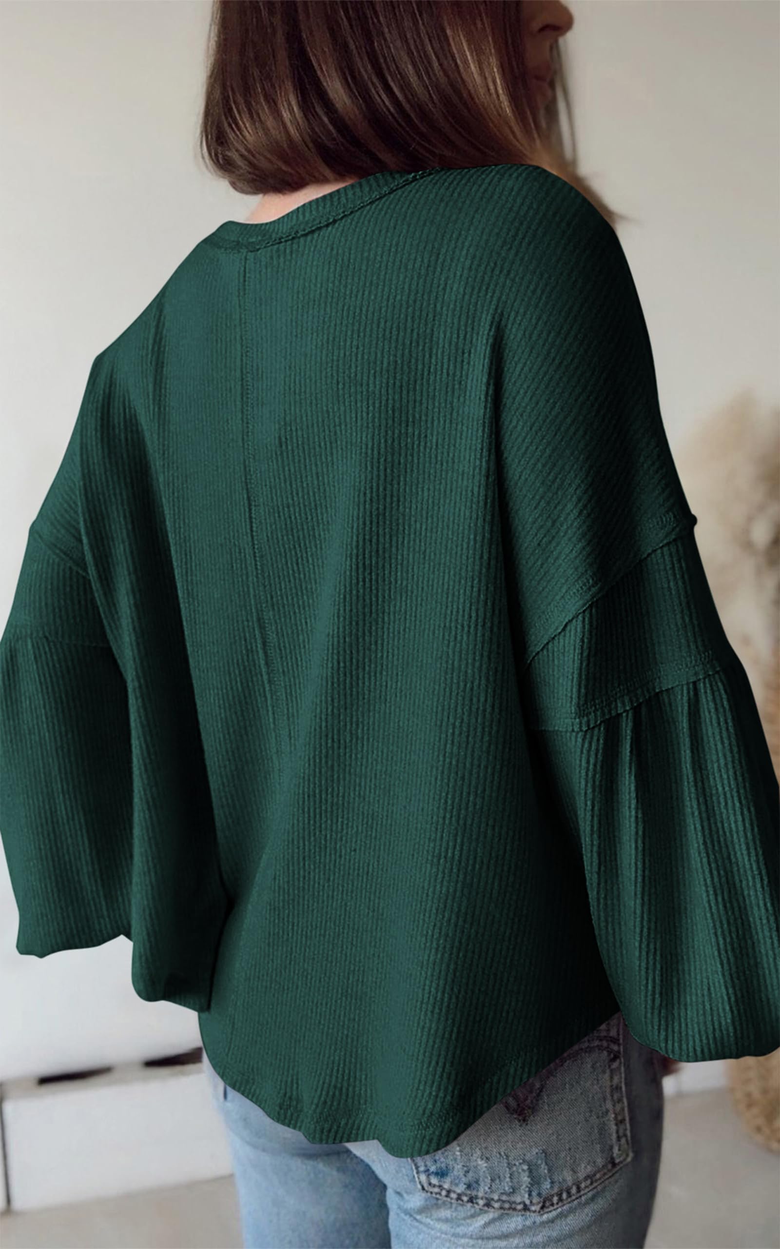 BTFBM Womens Fall Fashion Long Sleeve Shirts Casual V Neck Ribbed Knit Blouses Pullover Trendy Loose Fit Tunic Tops