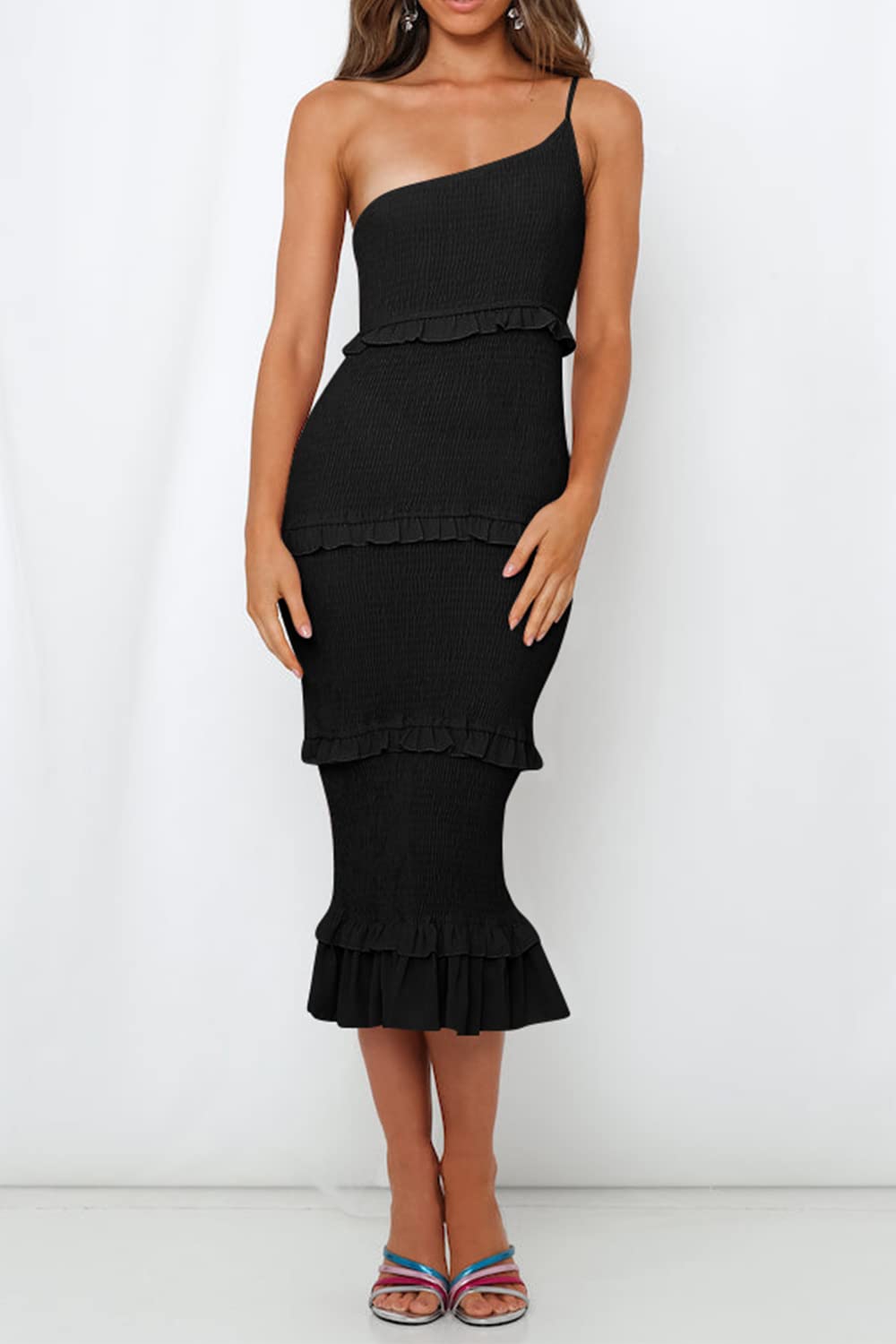 PRETTYGARDEN Women's Summer Midi Bodycon Dresses One Shoulder Strappy Tiered Ruffle Floral Boho Sun Dress