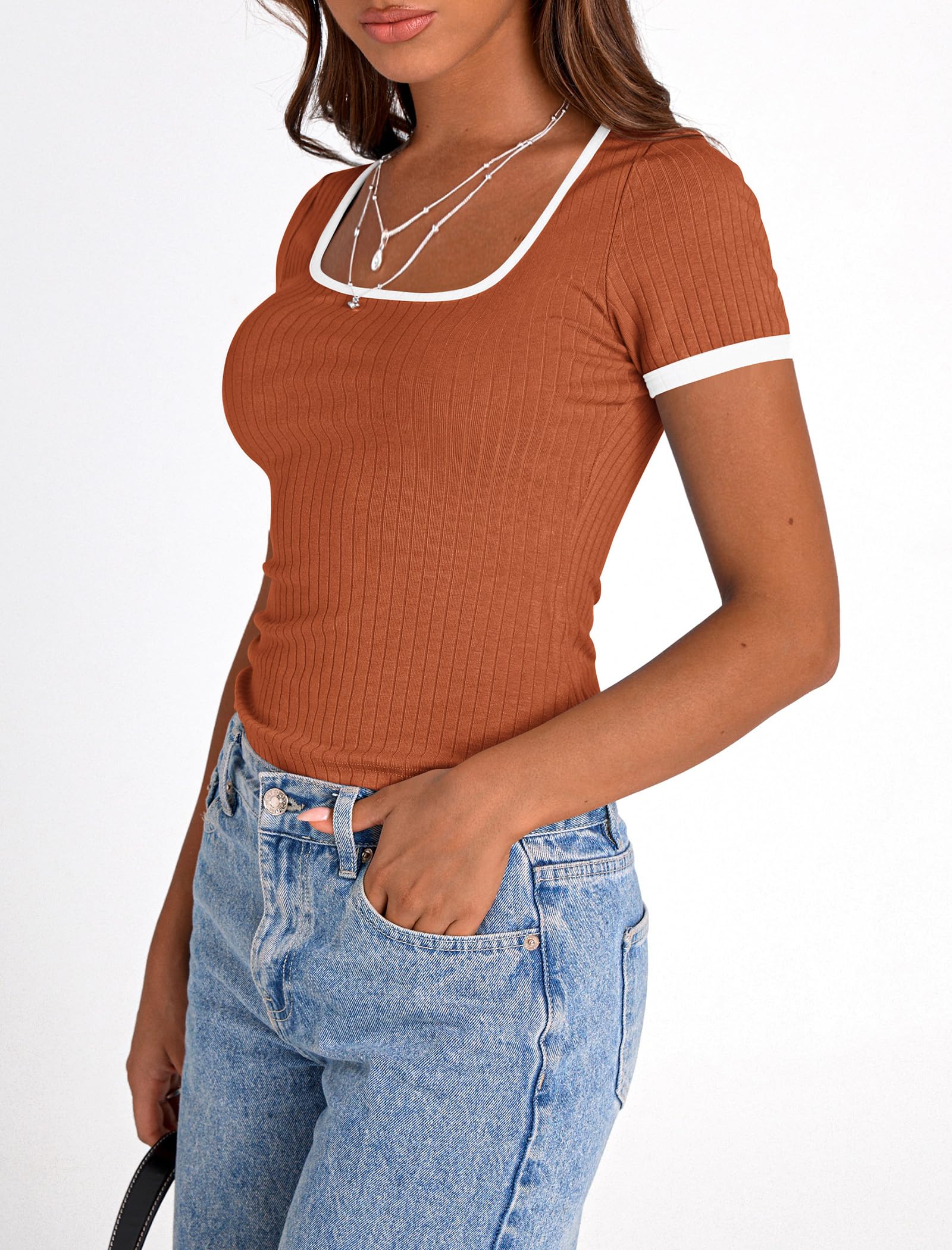 PRETTYGARDEN Women's Summer Short Sleeve T Shirts Ribbed Knit Square Neck Color Block Slim Fit Basic Casual Crop Tops Blouses