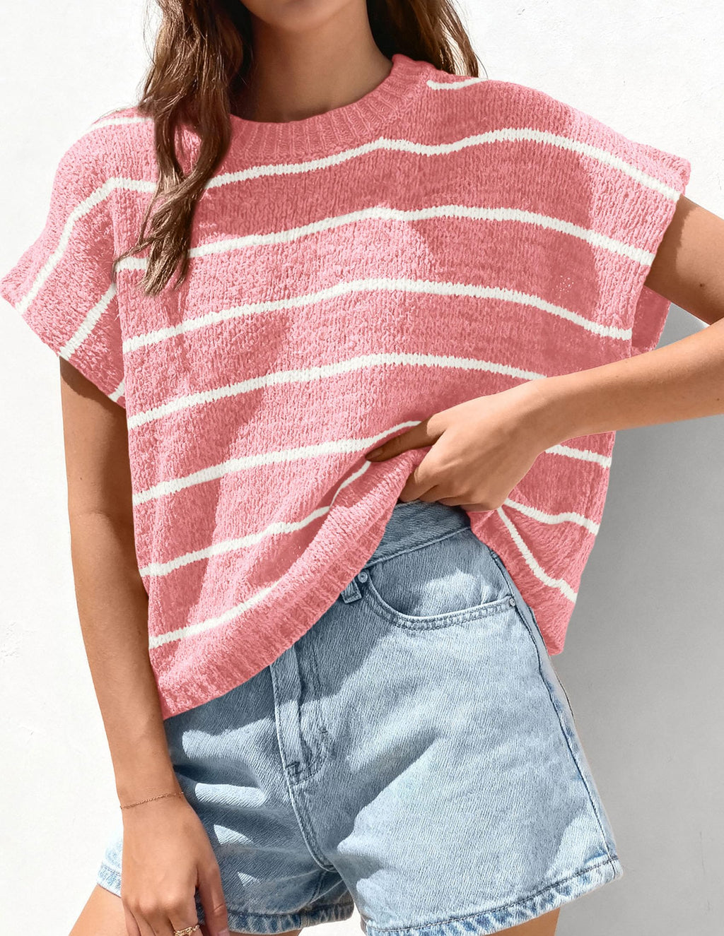 PRETTYGARDEN Womens Summer Short Sleeve Tops Trendy Crew Neck Striped Knit Sweater Business Casual Spring Clothes