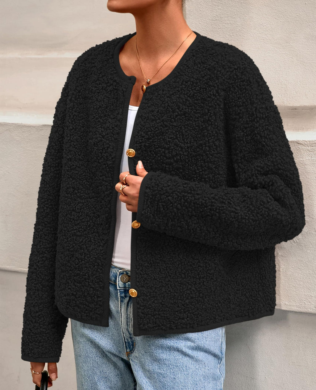 PRETTYGARDEN Women's Fall Fashion Clothes Trendy Fleece Sherpa Cropped Jackets Buttons Warm Casual Winter Faux Fur Coats