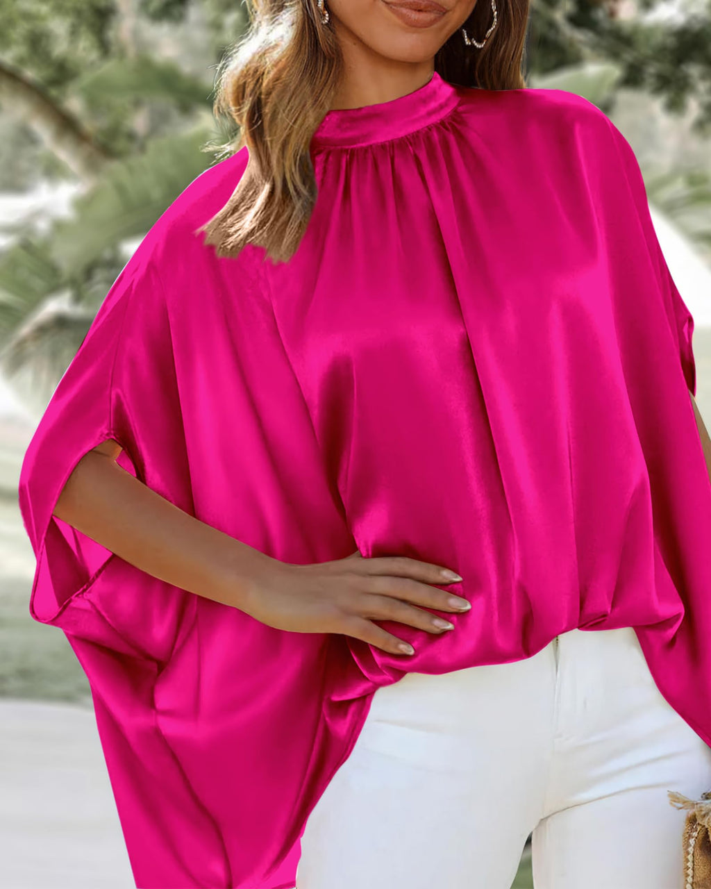 BTFBM Womens Summer Tops Mock Neck Batwing Sleeve Silk Satin Shirts Loose Oversized Dressy Casual Spring Blouses
