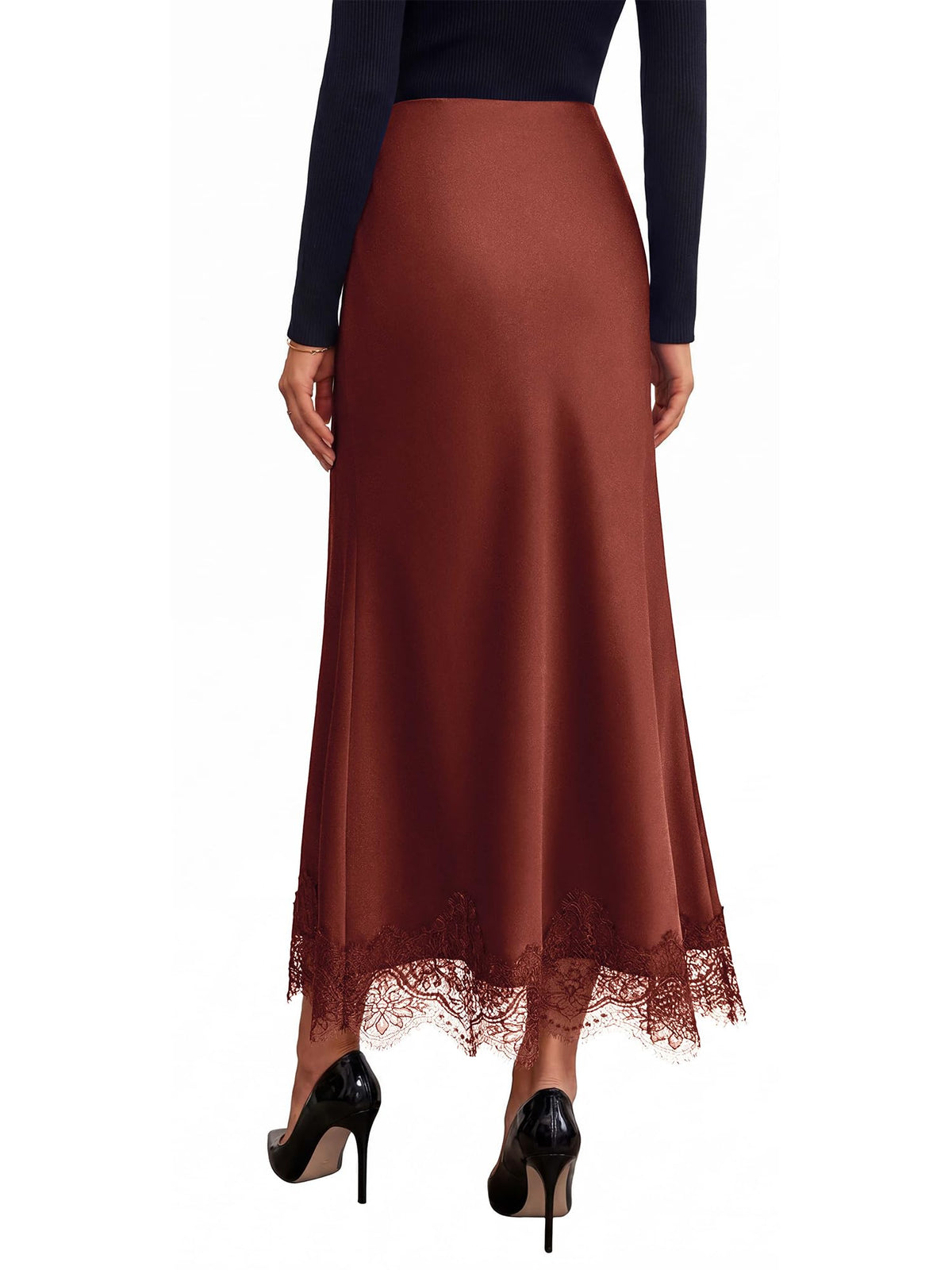 BTFBM Lace Trim Satin Skirts for Women Elegant | Lightweight, High Waist, A-Line, Flowy Maxi Skirt, Wedding, Cocktail, Graduation, Holiday Outfits, Fall Fashion Clothing
