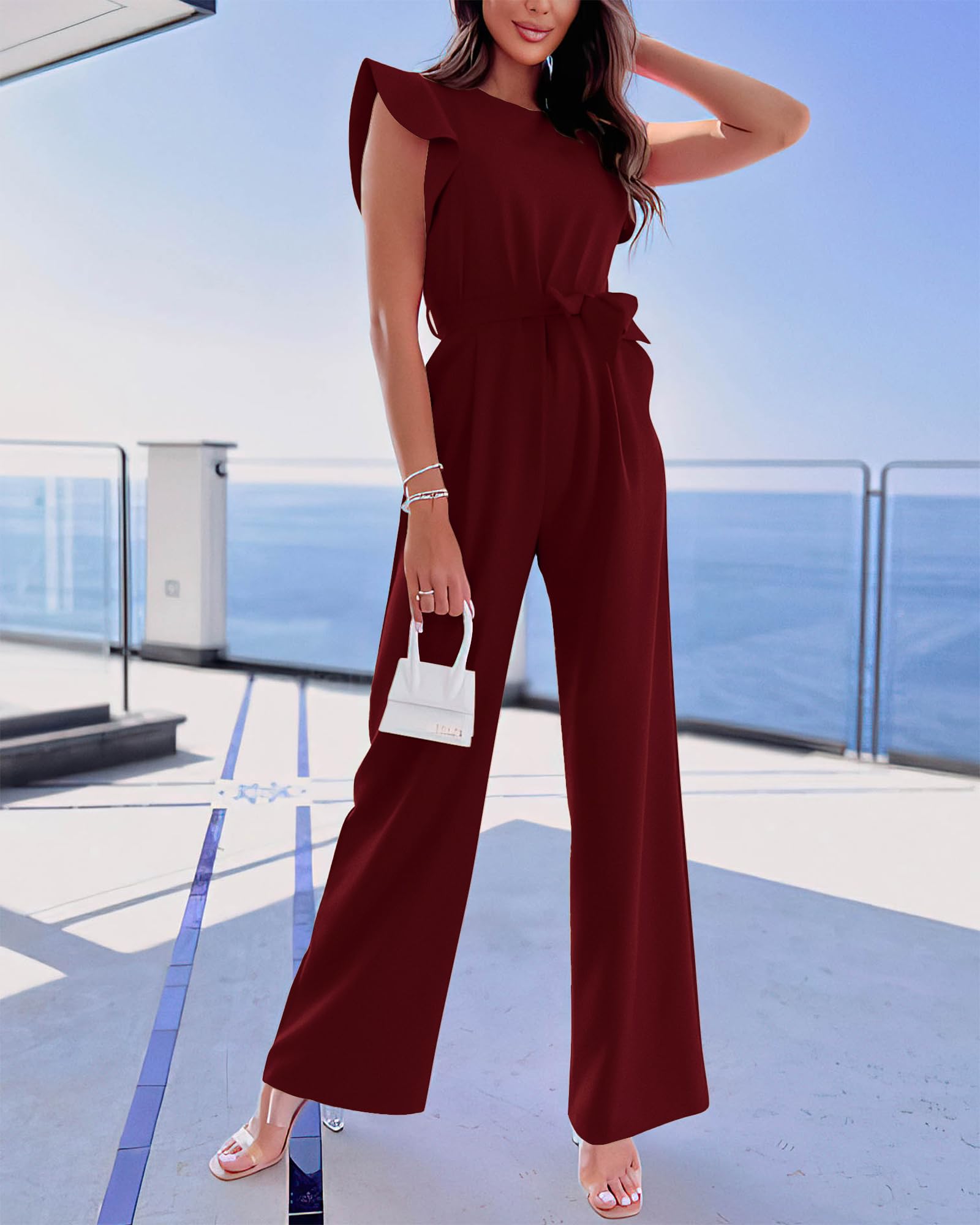 BTFBM Jumpsuits For Women Crew Neck Dressy Cap Sleeve Belted High Waist Wide Leg Romper One Piece Casual Outfits Pockets