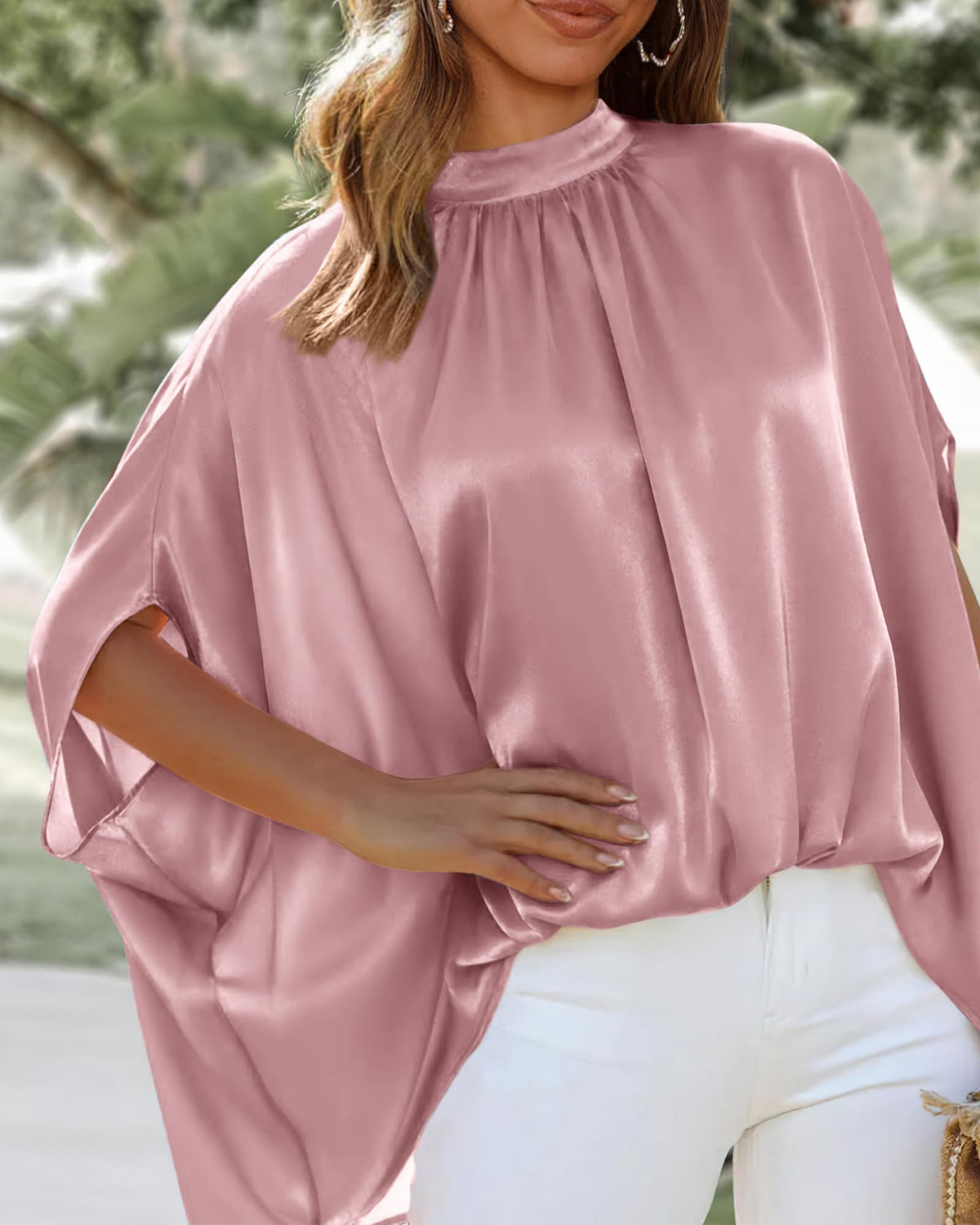 BTFBM Womens Summer Tops Mock Neck Batwing Sleeve Silk Satin Shirts Loose Oversized Dressy Casual Spring Blouses