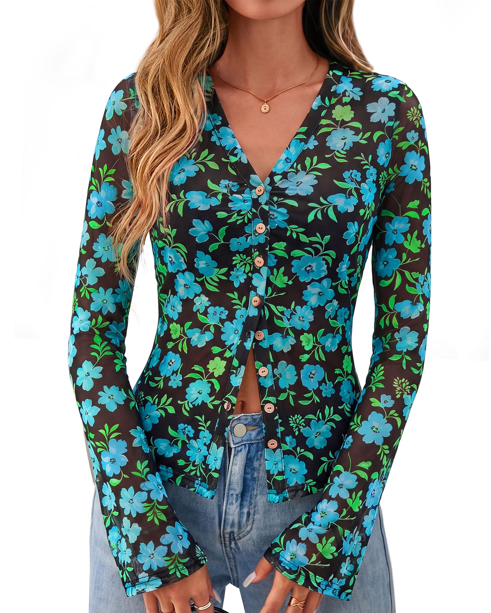 BTFBM Button Down Shirts for Women Spring Boho Tops V Neck Long Sleeve Blouses Ruched Mesh Fitted Fall Fashion