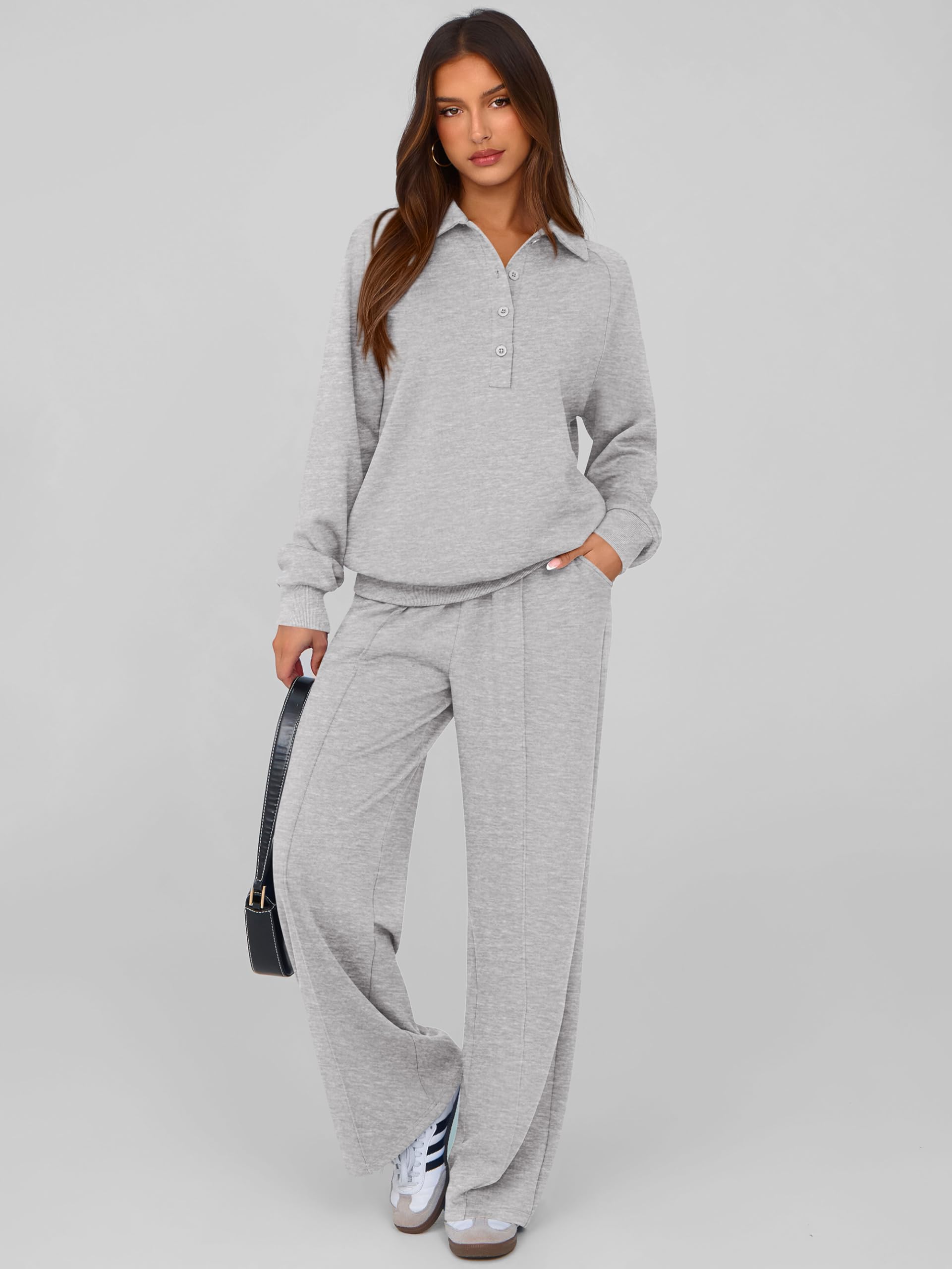PRETTYGARDEN Women Fall 2 Piece Outfits Sweatsuits Lounge Sets Quarter Button Long Sleeve Sweatshirt, Wide Leg Sweat Pants, Casual 2 Piece Sets Tracksuit, Airport Travel Outfits for Women