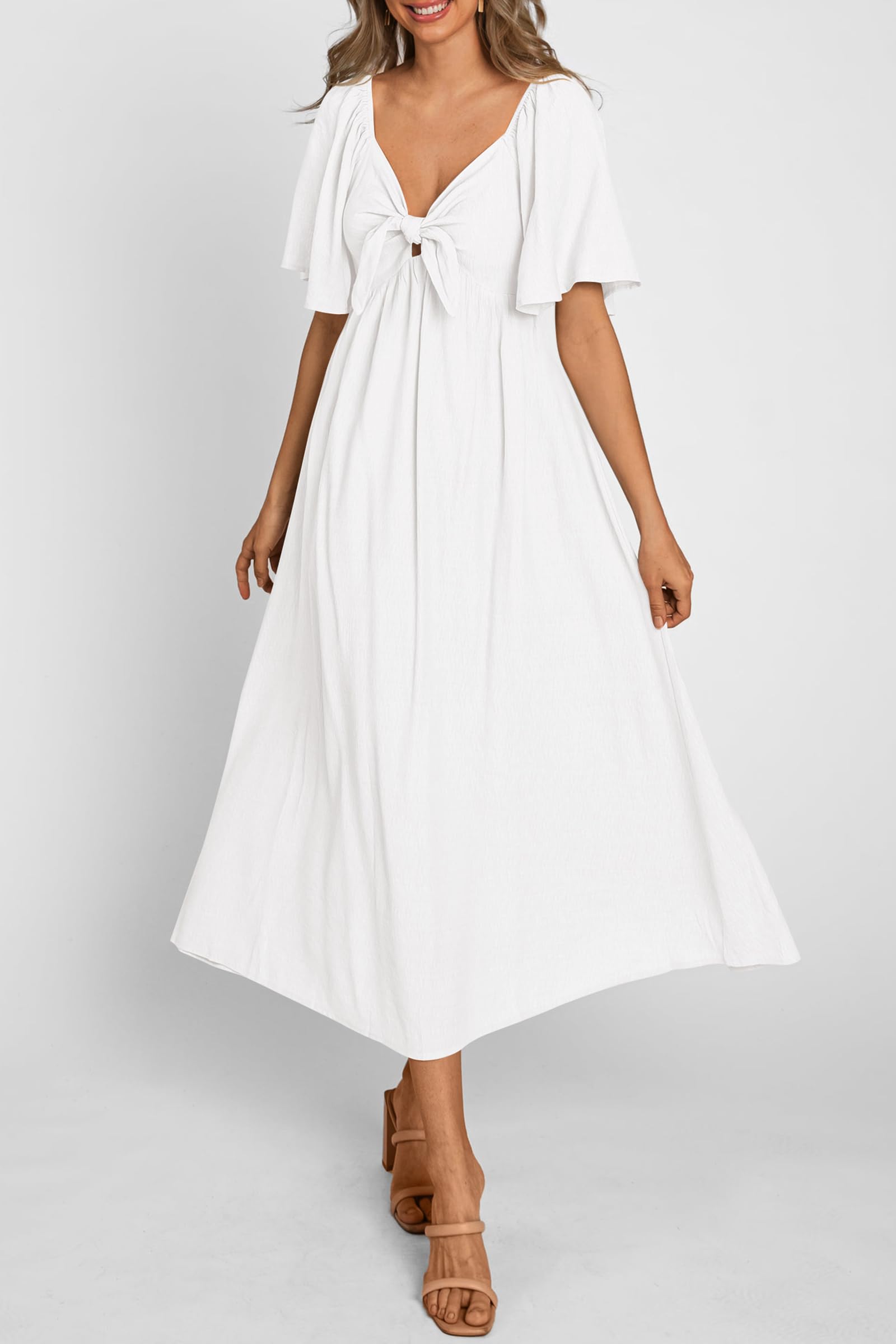 PRETTYGARDEN Summer Dress for Women Casual Short Sleeve Bow Tie V Neck Ruffle Midi Flowy Dresses