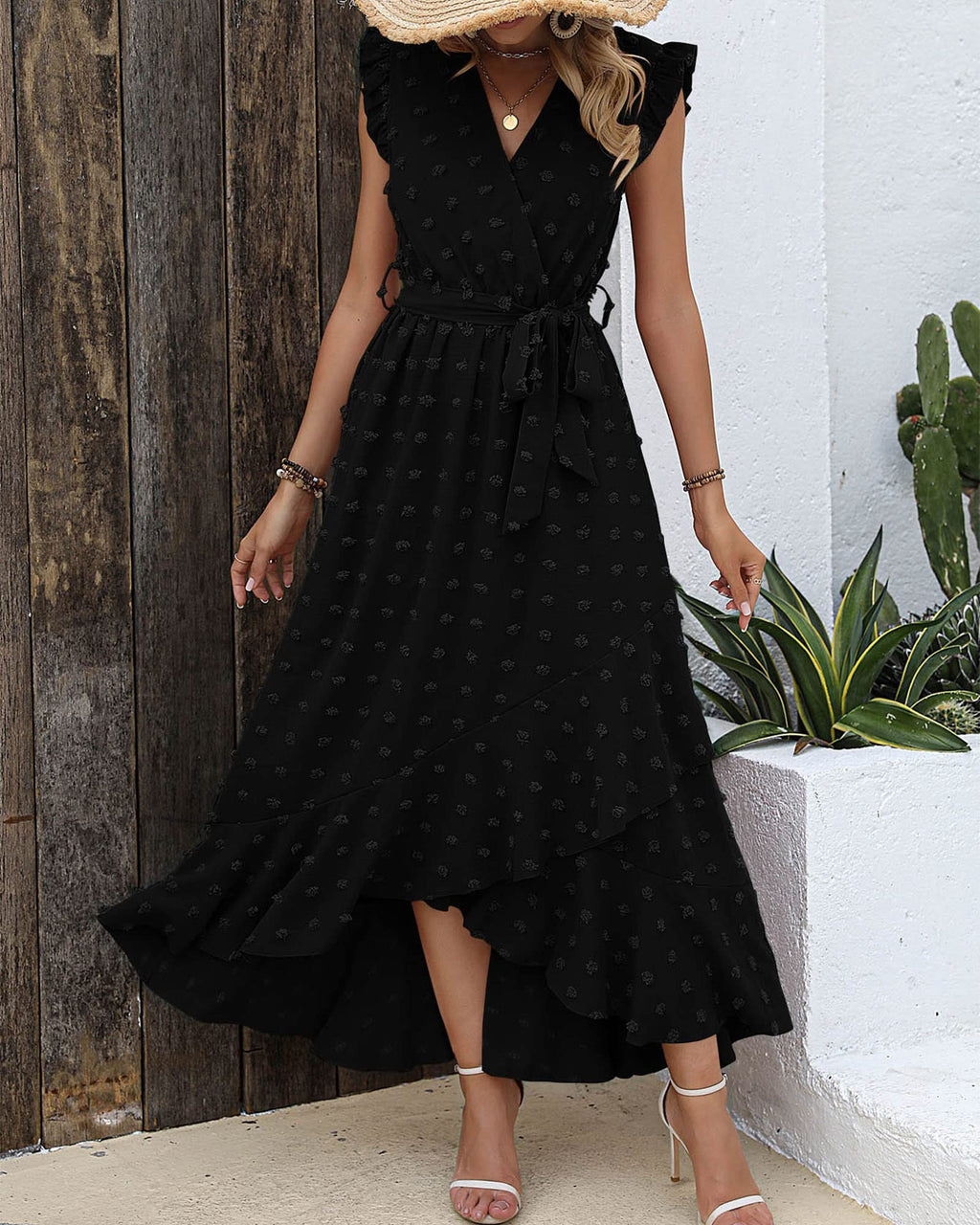 FreshPretty Women V Neck Summer Dress Cap Sleeve Swiss Dot Boho Flowy Ruffle Slit Beach Party Long Maxi Cocktail Dresses