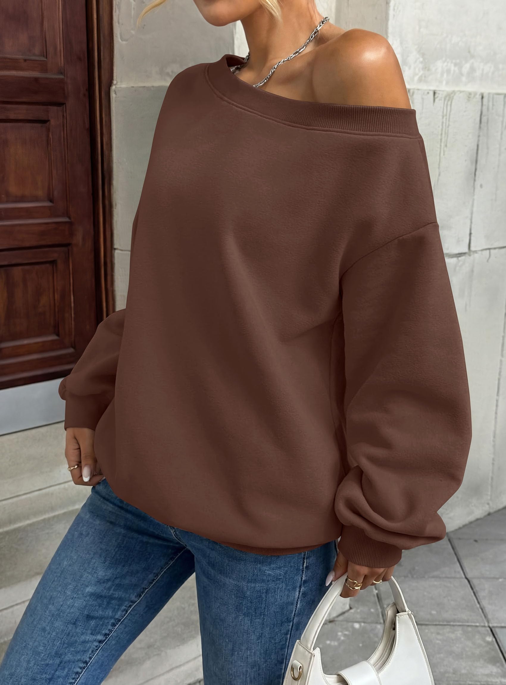 PRETTYGARDEN Womens Off The Shoulder Sweatshirt Loose Fit Slouchy Long Sleeve Tops,Fleece Cropped Sweatshirts,Oversized Pullover,Casual Daily Street Y2K Outfits,Fall Winter Clothes