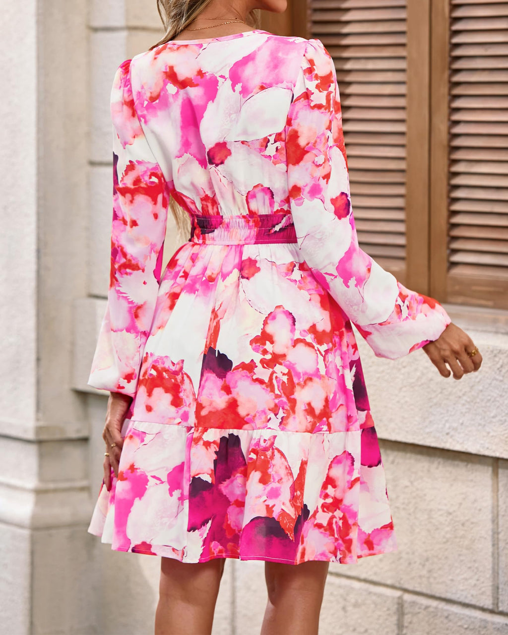 BTFBM Spring Dresses for Women Mini Long Sleeve Elastic Waist Summer Vacation Outfits Floral Wedding Guest Dress
