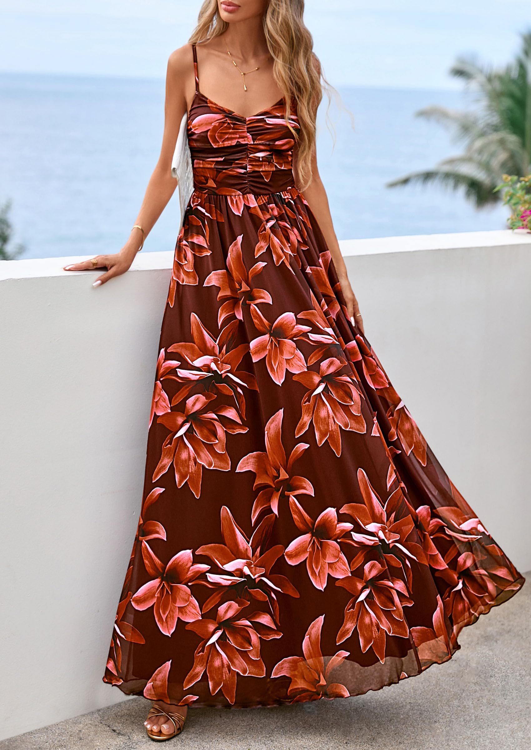 PRETTYGARDEN Women Summer Floral Maxi Dress Spirng Spaghetti Strap Mesh Boho Sundress Party Beach Vacation Long Dresses