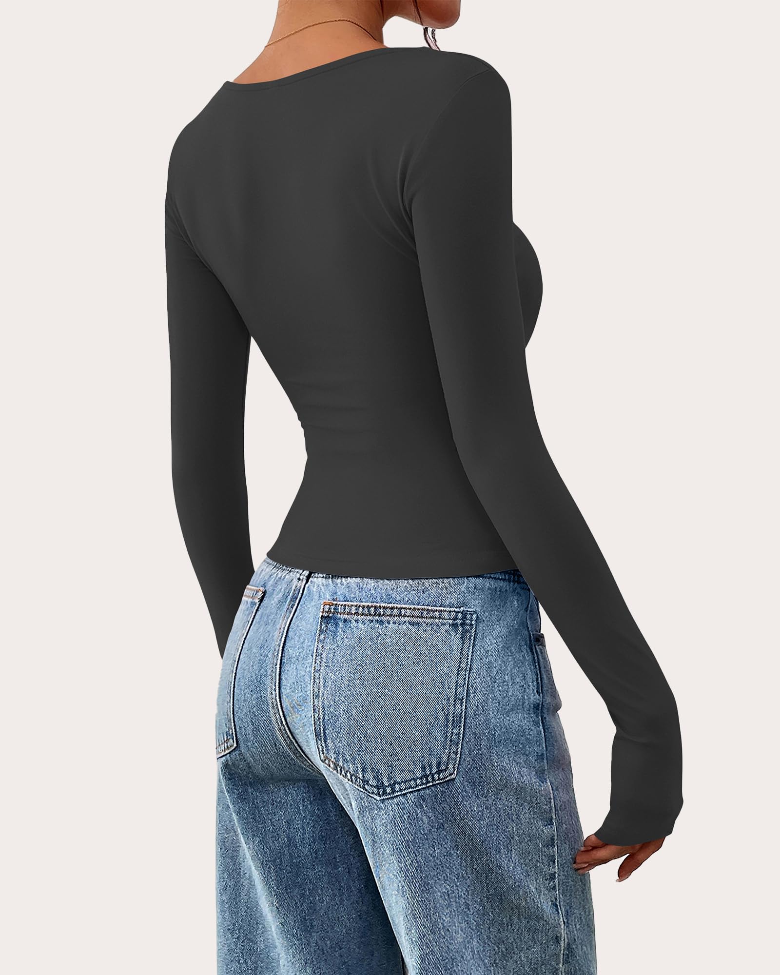 FreshPretty Long Sleeve Shirts for Women Fall Fashion V Neck Knit Ruched Slim Fit Casual Basic Tees Going Out Tops Y2k