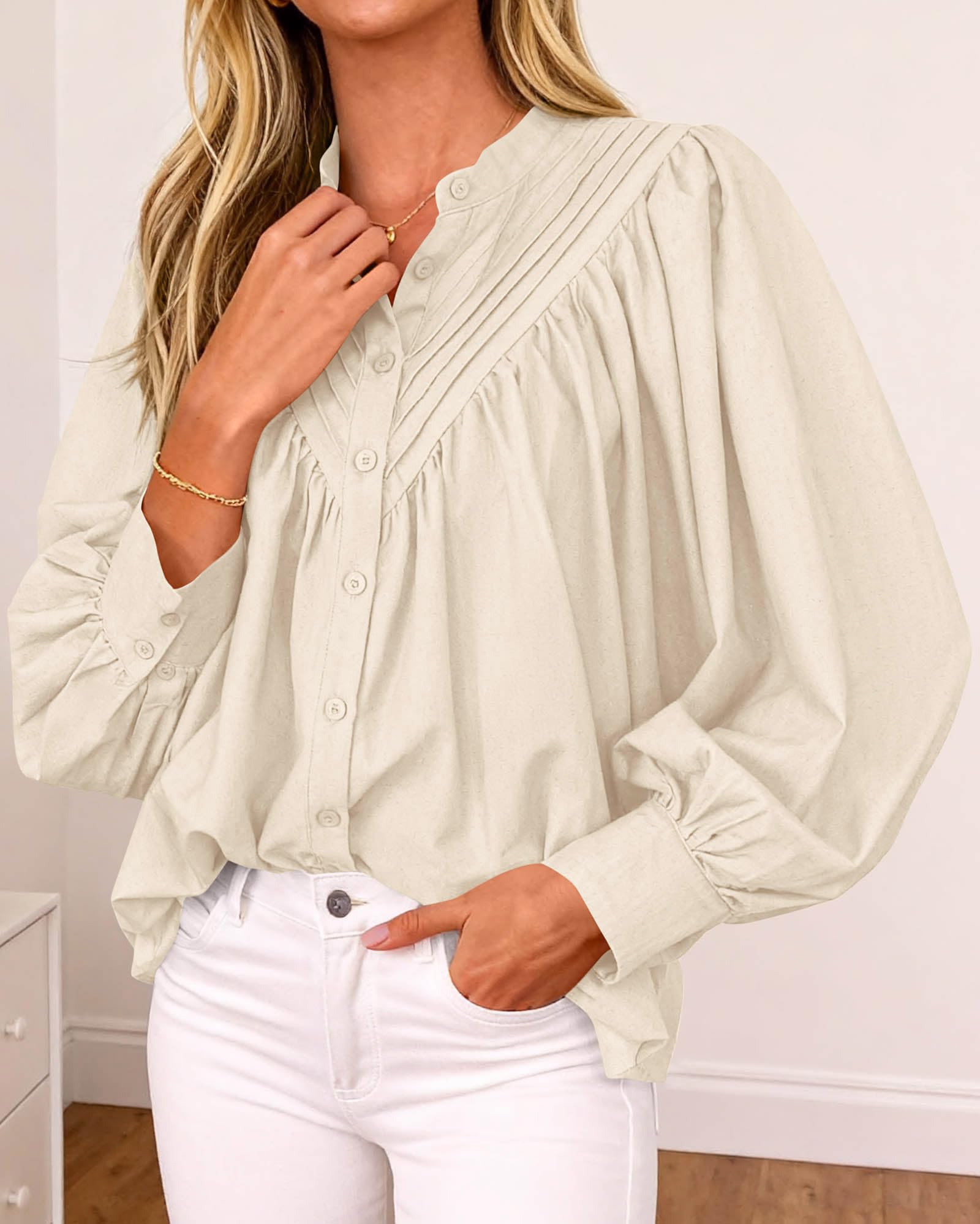 FreshPretty Blouses for Women Dressy Casual Fashion Clothing Long Sleeve Shirts Loose Fit Button Down Pleated Boho Going Out Tops