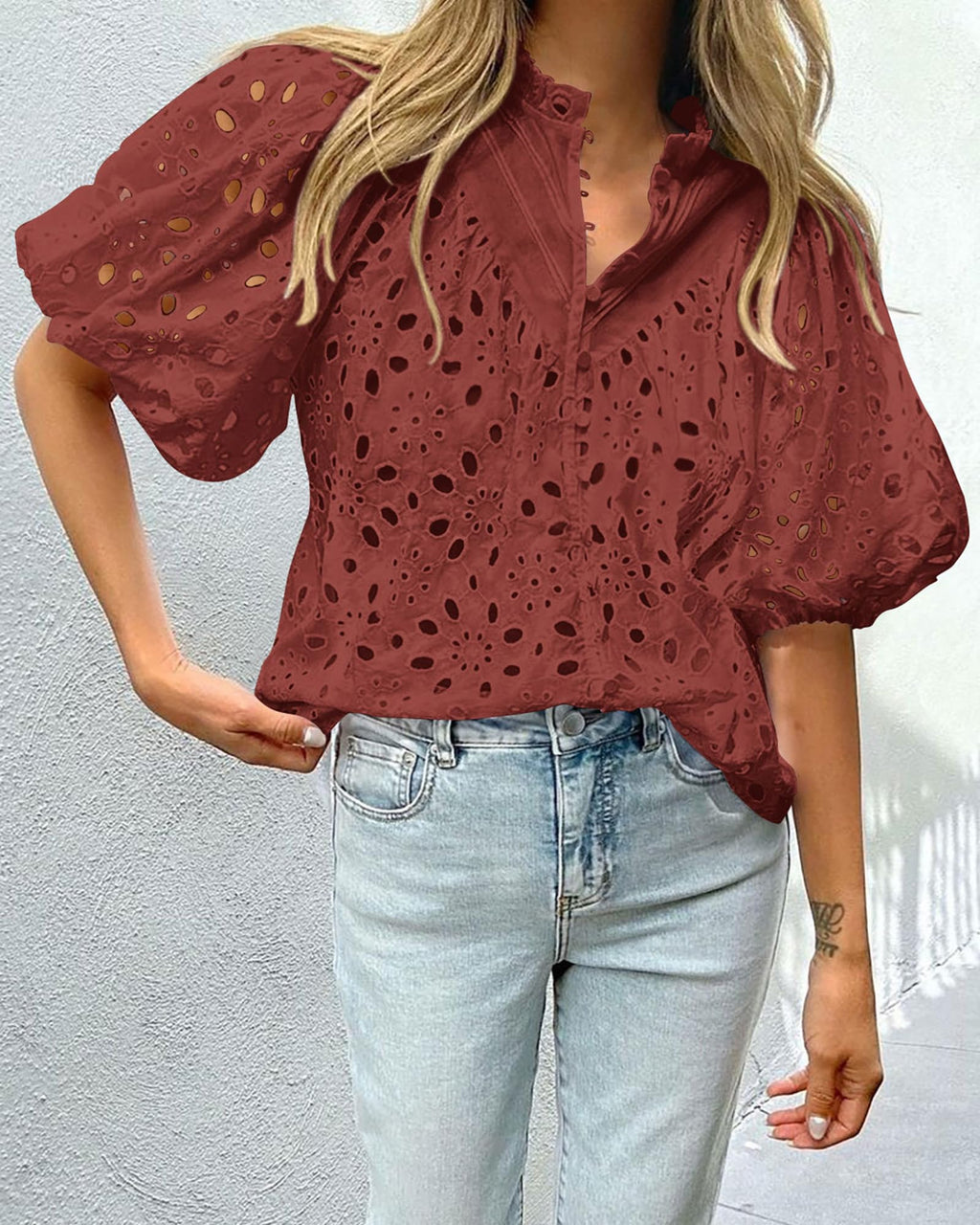 PRETTYGARDEN Women's Summer Tops Dressy Casual Short Sleeve V Neck Buttons Hollow Out Lace Embroidered Blouses Shirts