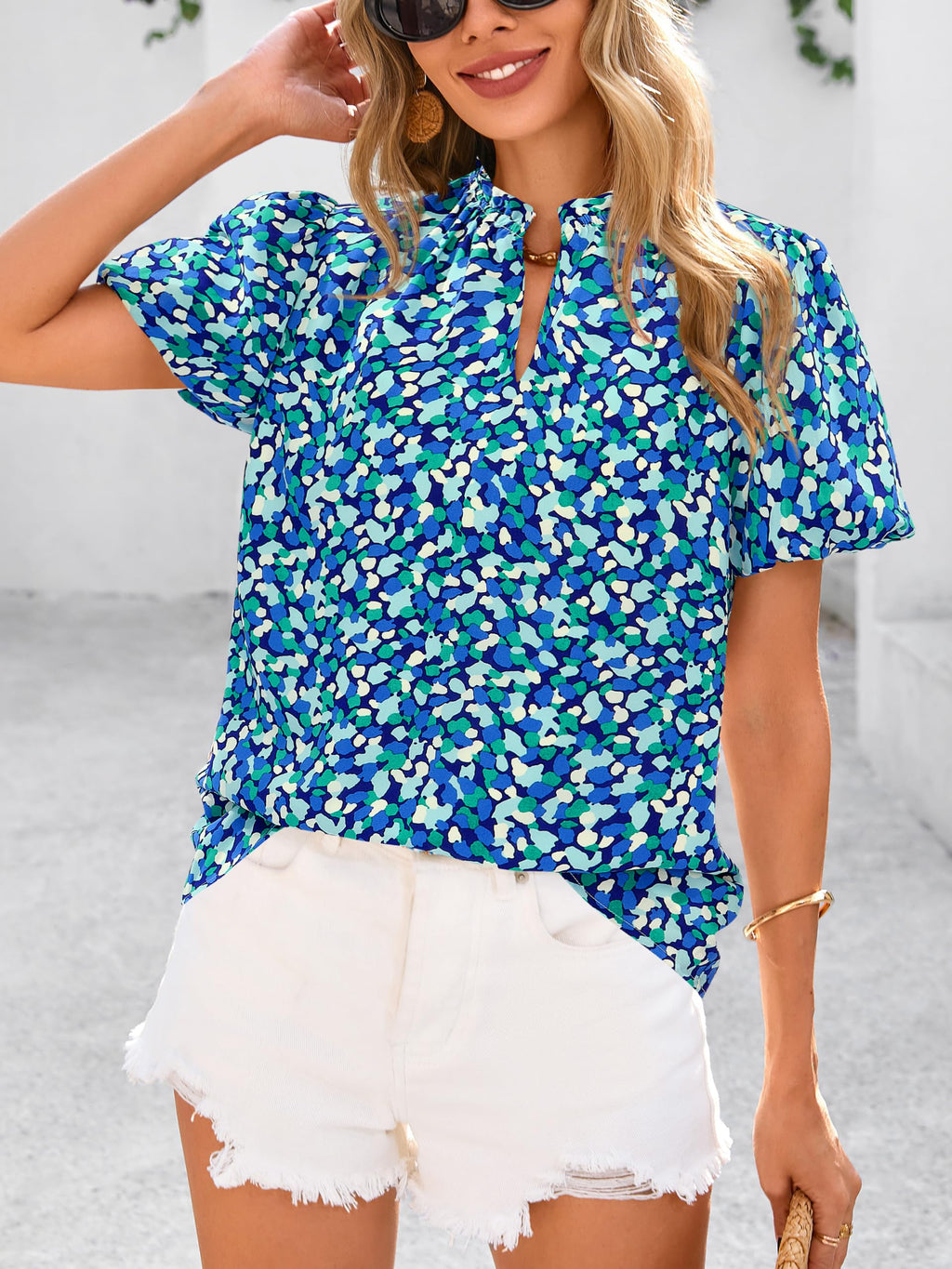 PRETTYGARDEN Boho Short Sleeve Floral Work Blouses for Women Dressy Casual V Neck Puff Sleeve Loose Chiffon Flowy Tops Shirts