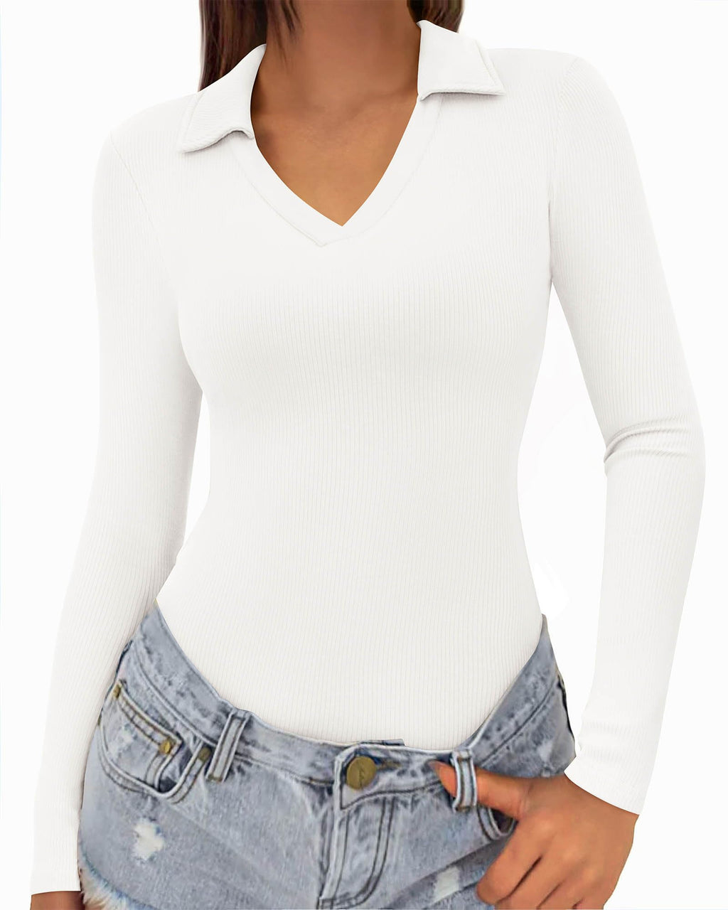 FreshPretty Polo Shirts for Women Long Sleeve Business Casual Tops Spring Fall Ribbed Knit Collared V Neck Slim Work Blouses
