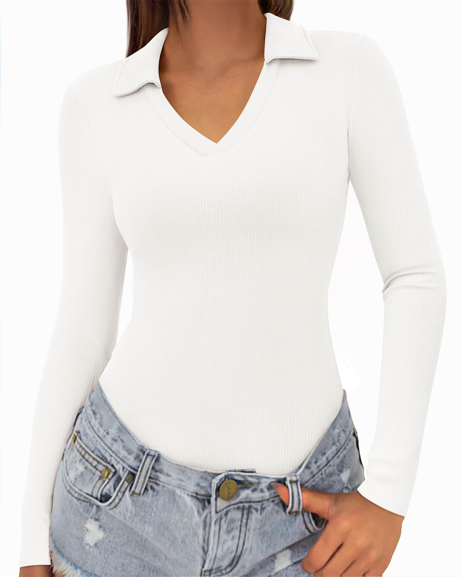 FreshPretty Polo Shirts for Women Long Sleeve Business Casual Tops Spring Fall Ribbed Knit Collared V Neck Slim Work Blouses