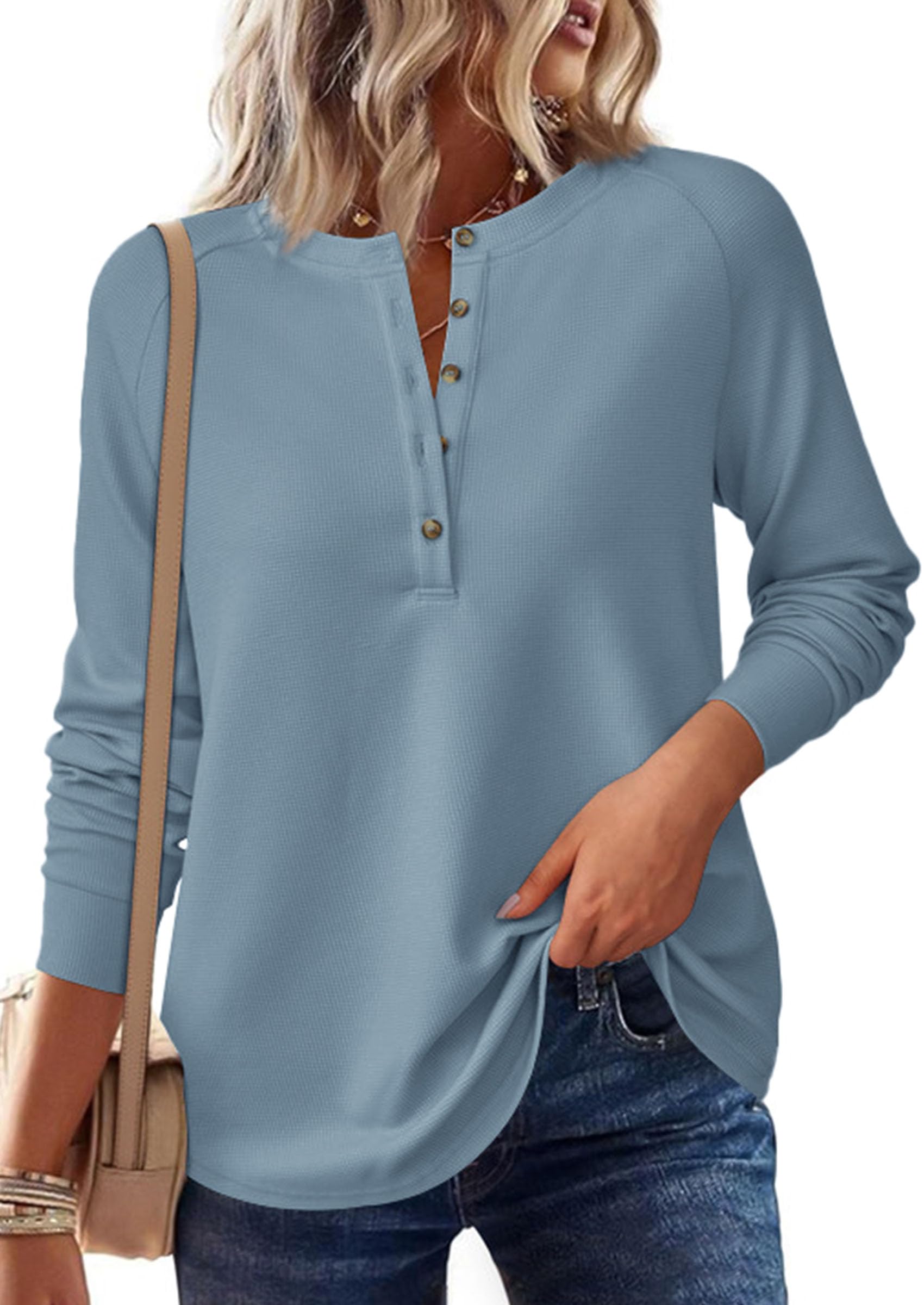 PRETTYGARDEN Women's Long Sleeve Waffle Knit Shirts Fall Casual Button Up Henley V Neck Tunic Tops Loose Fit Basic Tees