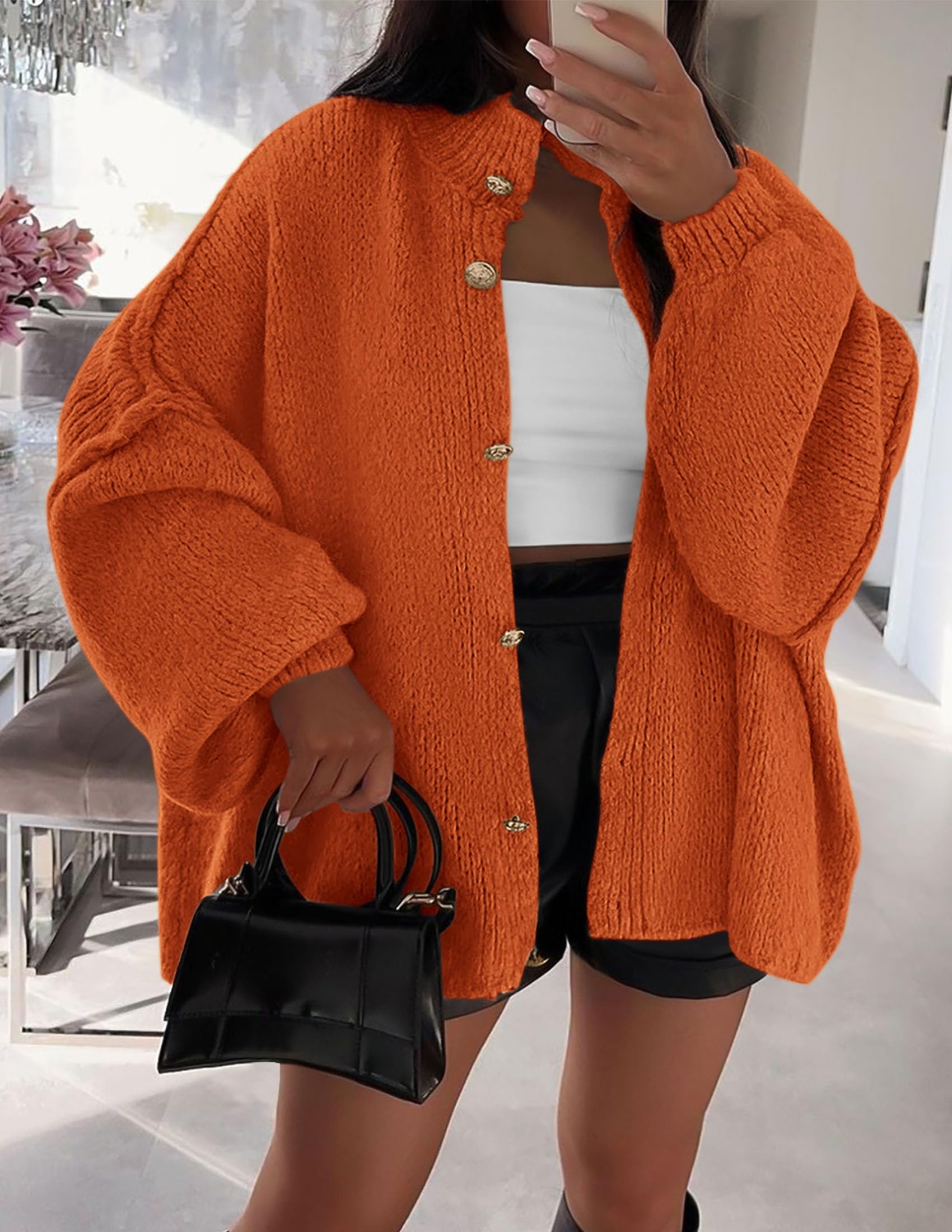 PRETTYGARDEN Women's Winter Button Down Cardigan Sweaters Mock Neck Lantern Long Sleeve Chunky Knit Jacket Trendy Outerwear