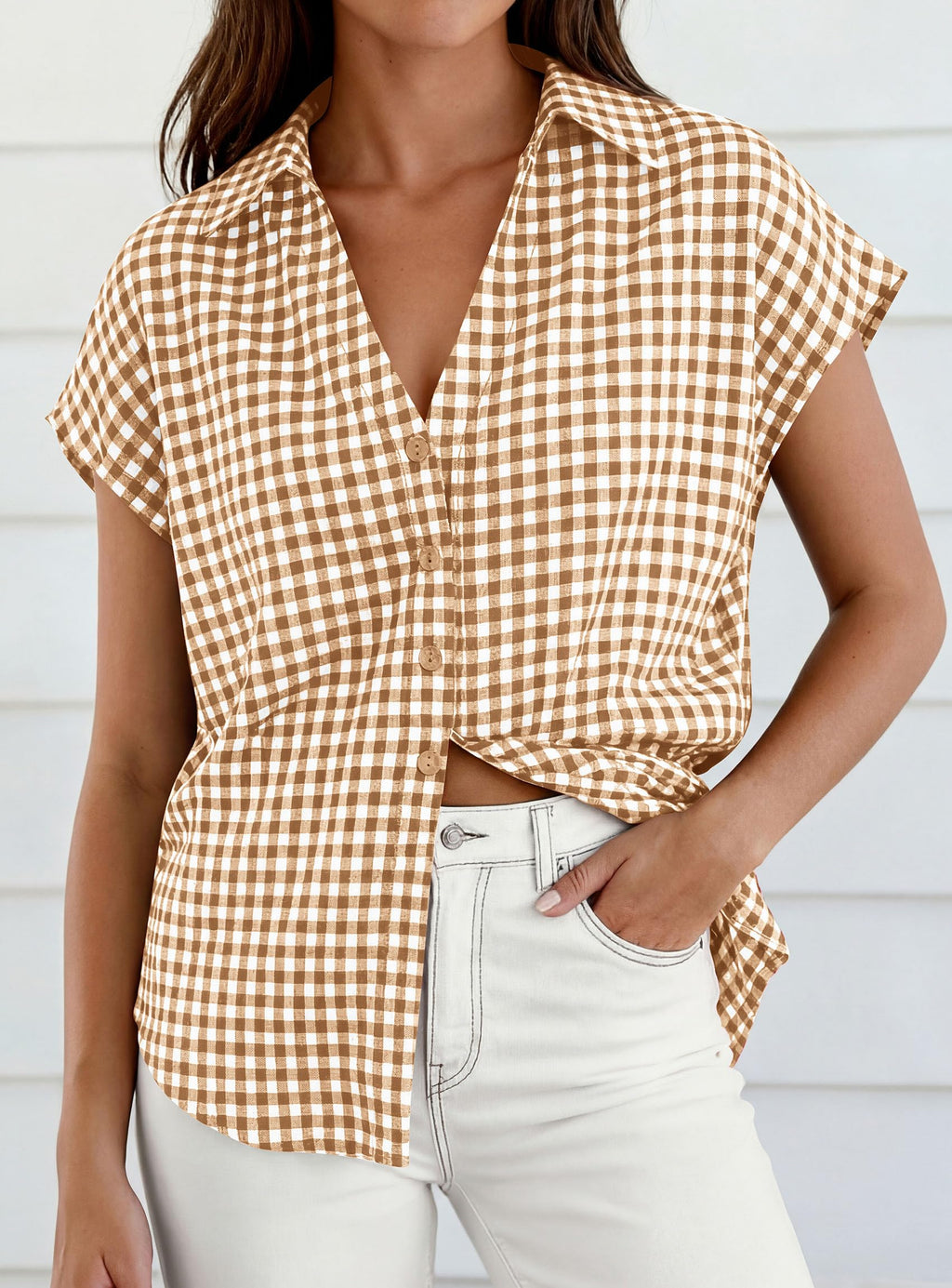 PRETTYGARDEN Womens Short Sleeve Shirts Plaid Button Down Blouse Dressy Casual Summer Spring Business Gingham Work Tops