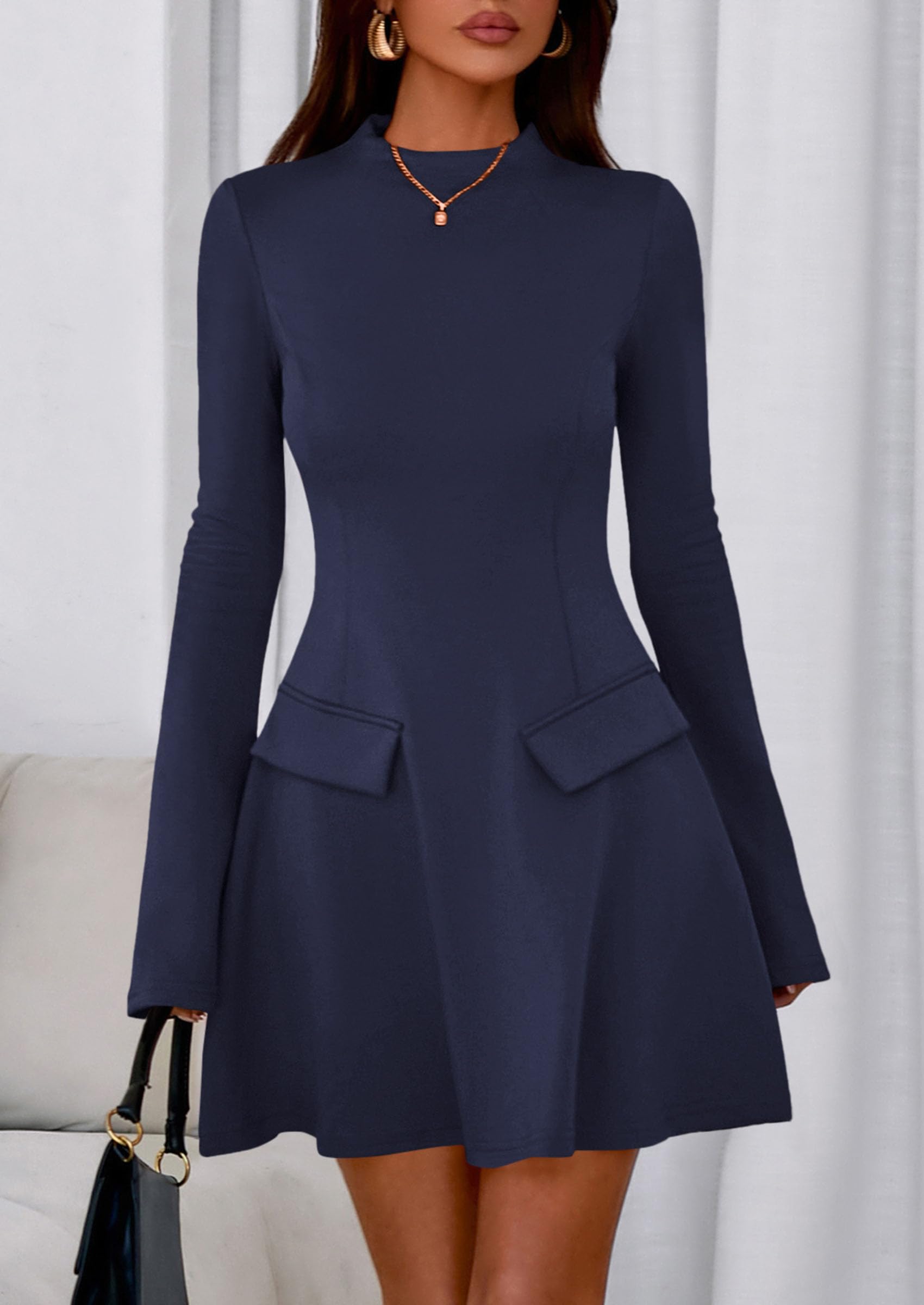 PRETTYGARDEN Women's Elegant Holiday Short Dress  Fall Bell Long Sleeve Mock Neck Work Business Casual Party Mini Dress