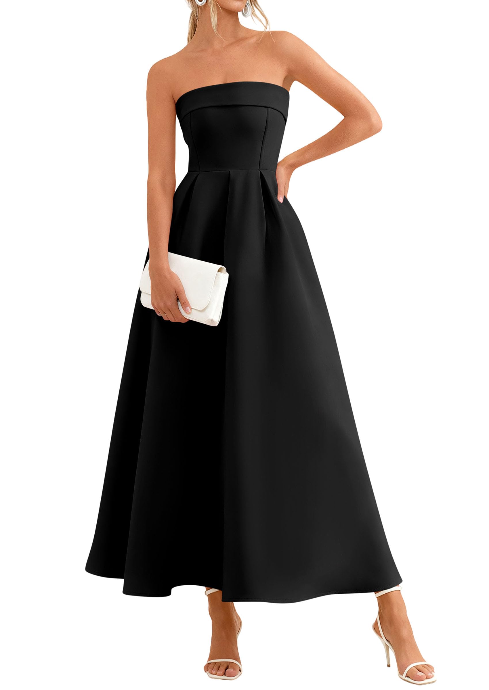 PRETTYGARDEN Cocktail Dresses for Women Summer Formal Elegant Tube Top Strapless Spring Wedding Guest Party Midi Dress