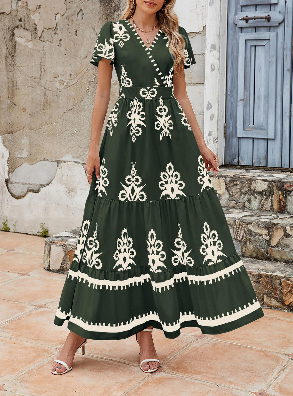 PRETTYGARDEN Womens Summer Casual V Neck Boho Maxi Dress Flowy Aline Bell Sleeve Tiered Floral Dresses with Pocket