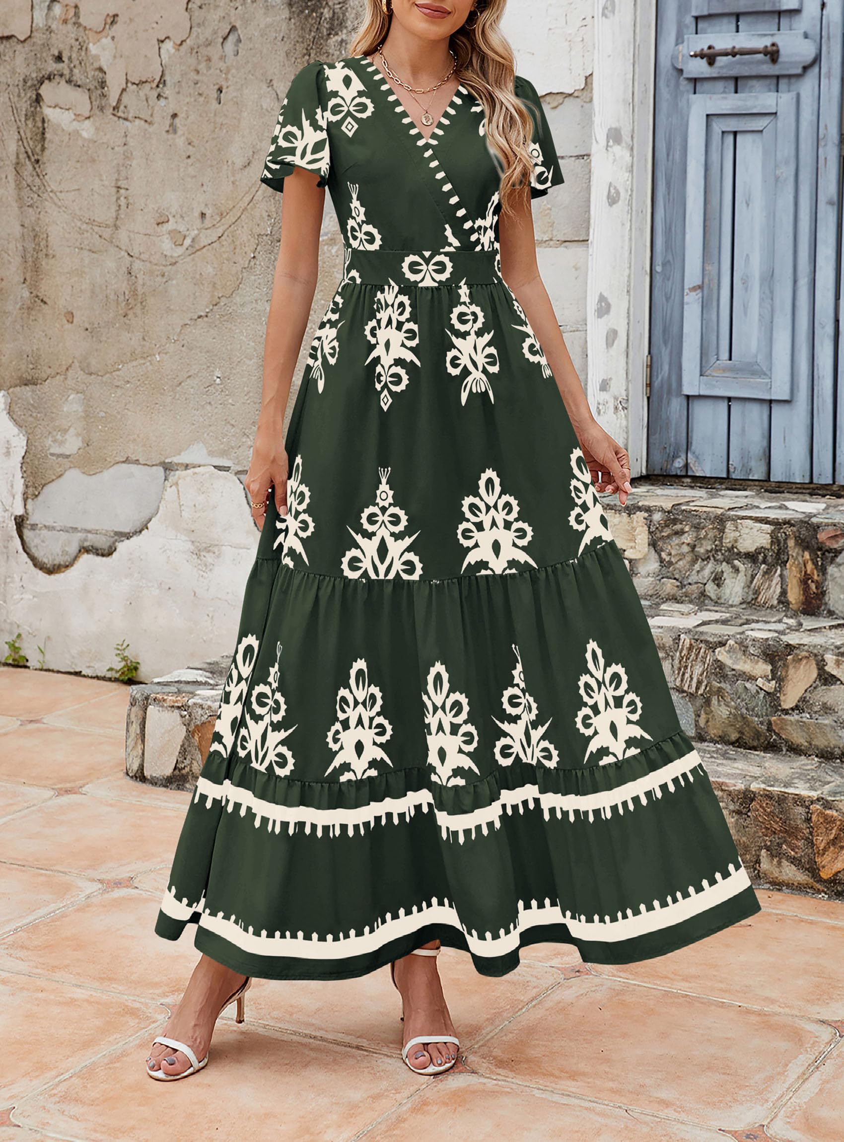 PRETTYGARDEN Womens Summer Casual V Neck Boho Maxi Dress Flowy Aline Bell Sleeve Tiered Floral Dresses with Pocket