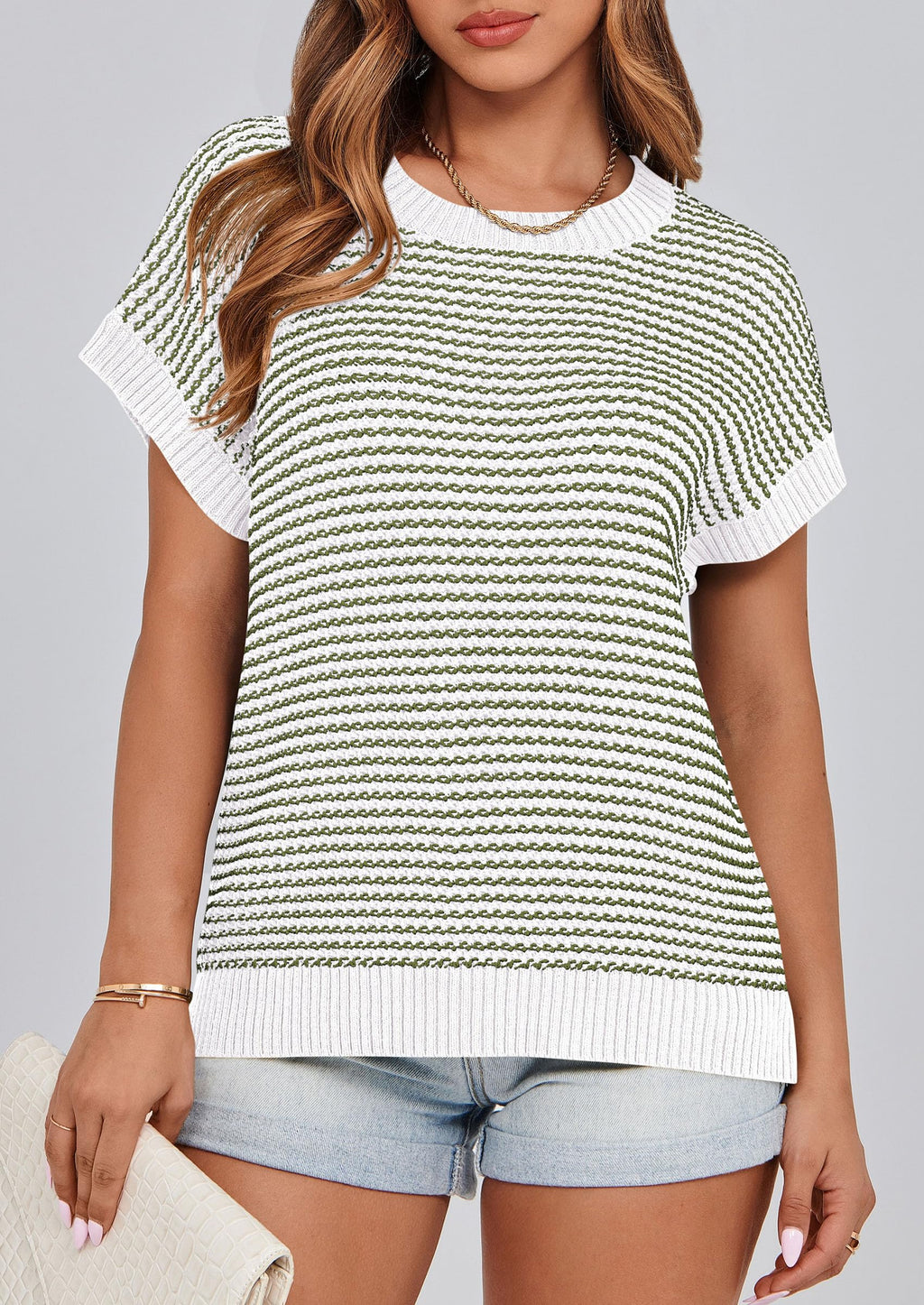 PRETTYGARDEN Womens Short Sleeve Sweater Spring Summer Round Neck Striped Pullover Cap Sleeve Knit Sweater Vest Tops