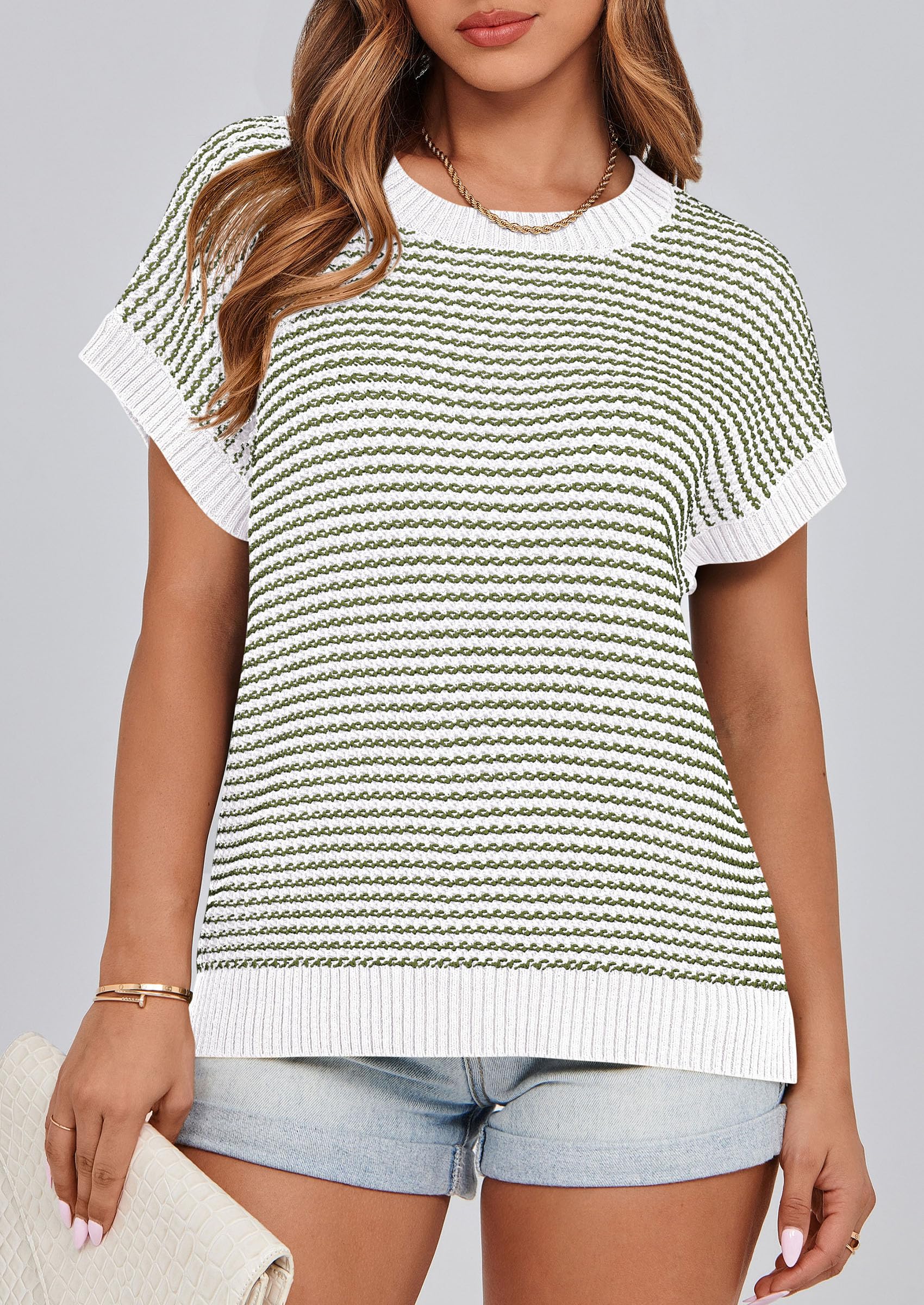 PRETTYGARDEN Womens Short Sleeve Sweater Spring Summer Round Neck Striped Pullover Cap Sleeve Knit Sweater Vest Tops